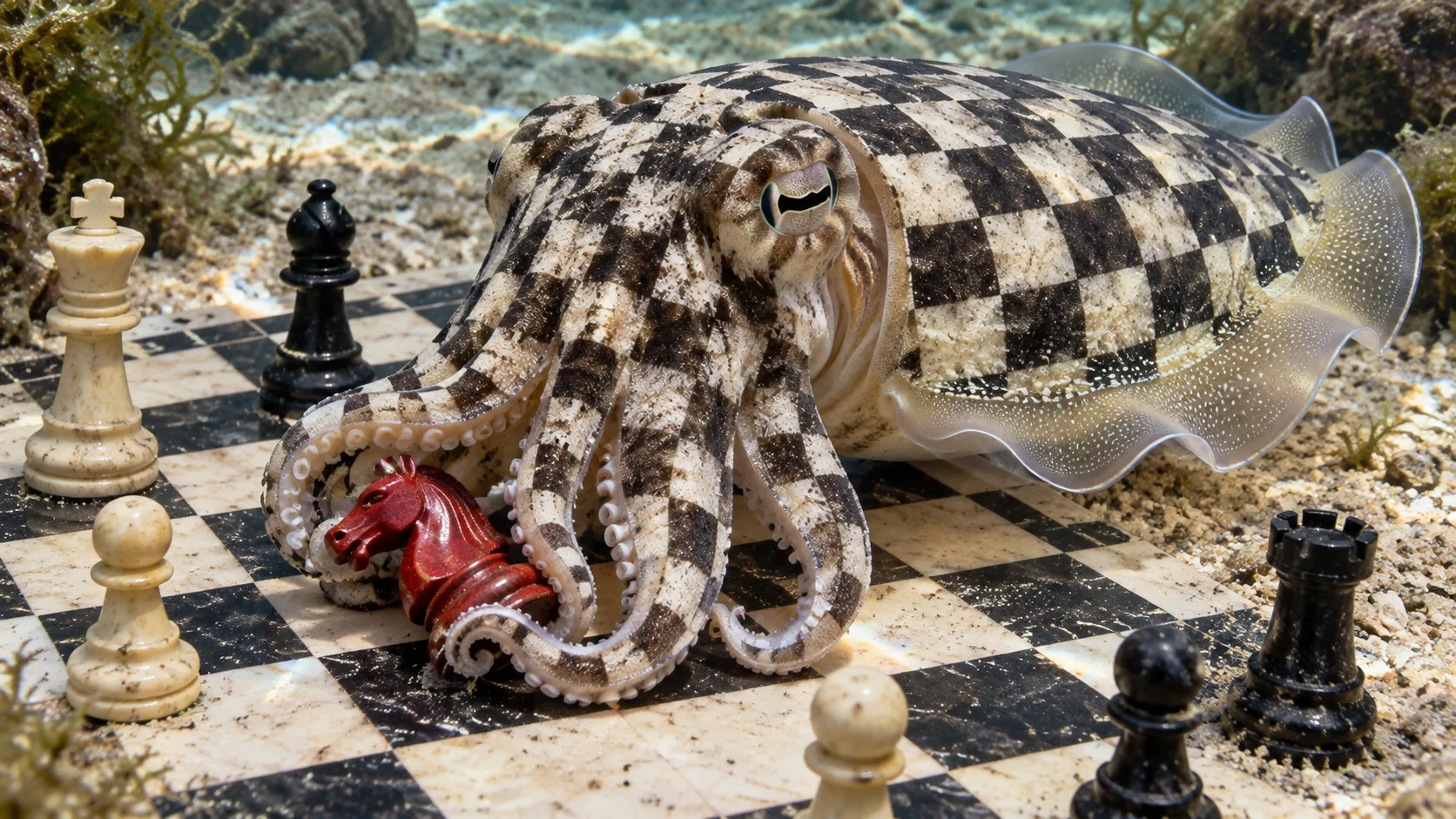 On a chessboard laid on the sea floor, a cuttlefish has turned itself black-and-white checked and wrapped its arms around a red knight. It is not playing fair.