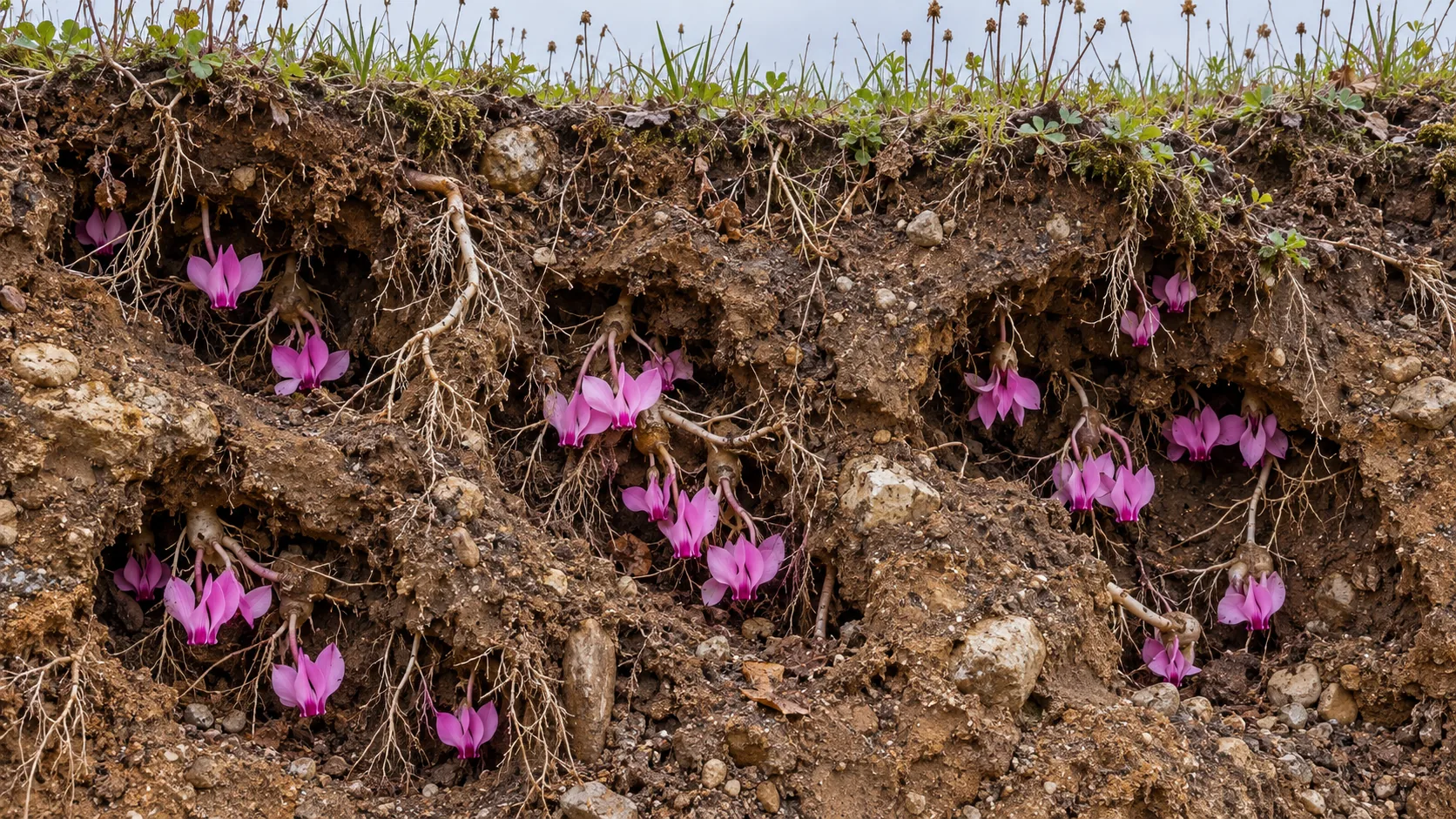A cutaway of a grassy bank shows pink cyclamen flowering inside the soil, in little hollows among the roots, while the grass above has nothing. The show is downstairs.