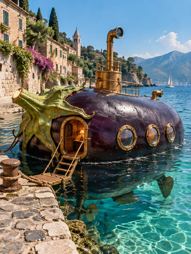 An aubergine fitted out as a submarine, with portholes, a hatch and a periscope, rests in turquoise water by a stone harbour.