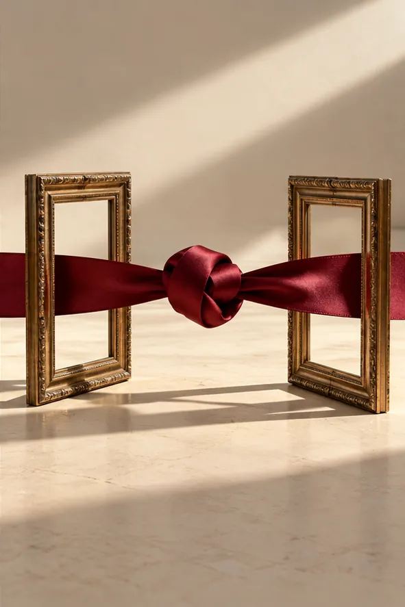Two empty gilded frames stand apart on a pale floor, joined by a red satin ribbon knotted in the space between them.