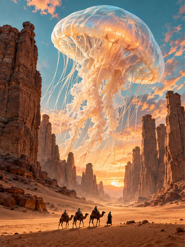 A glowing jellyfish the size of a cloud drifts through a canyon at sunset as a camel caravan passes underneath.