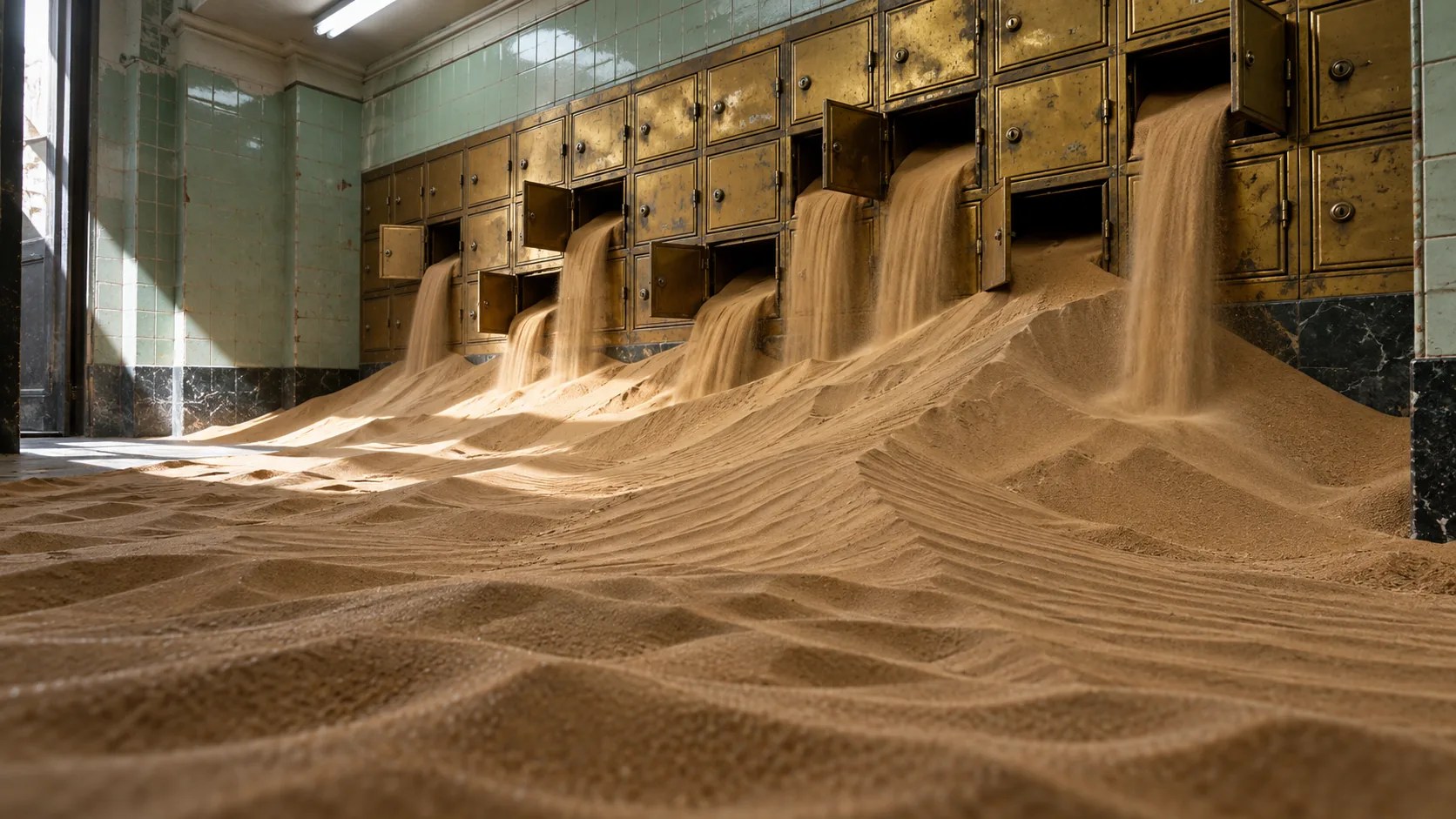 In a tiled post office, rows of brass mailboxes stand open and pour streams of sand onto the floor, which has become dunes. Nobody has checked their box in some time.