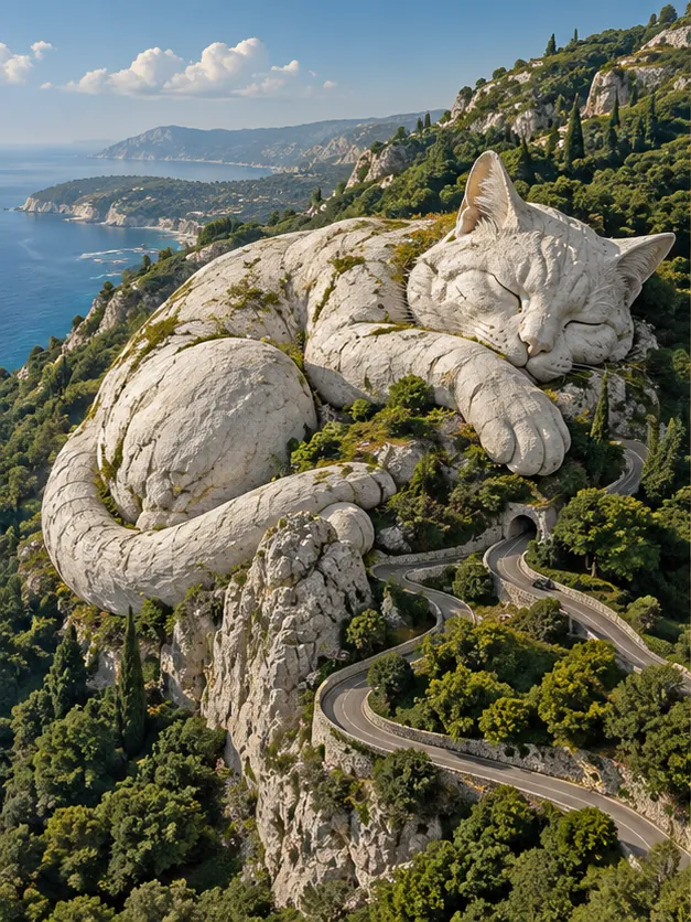 A giant stone cat curls up along a coastal highway. Some landmarks are worth missing your exit for.