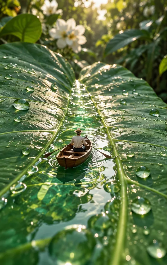 A tiny rower paddles a wooden boat down a stream of dew along the vein of a giant green leaf.