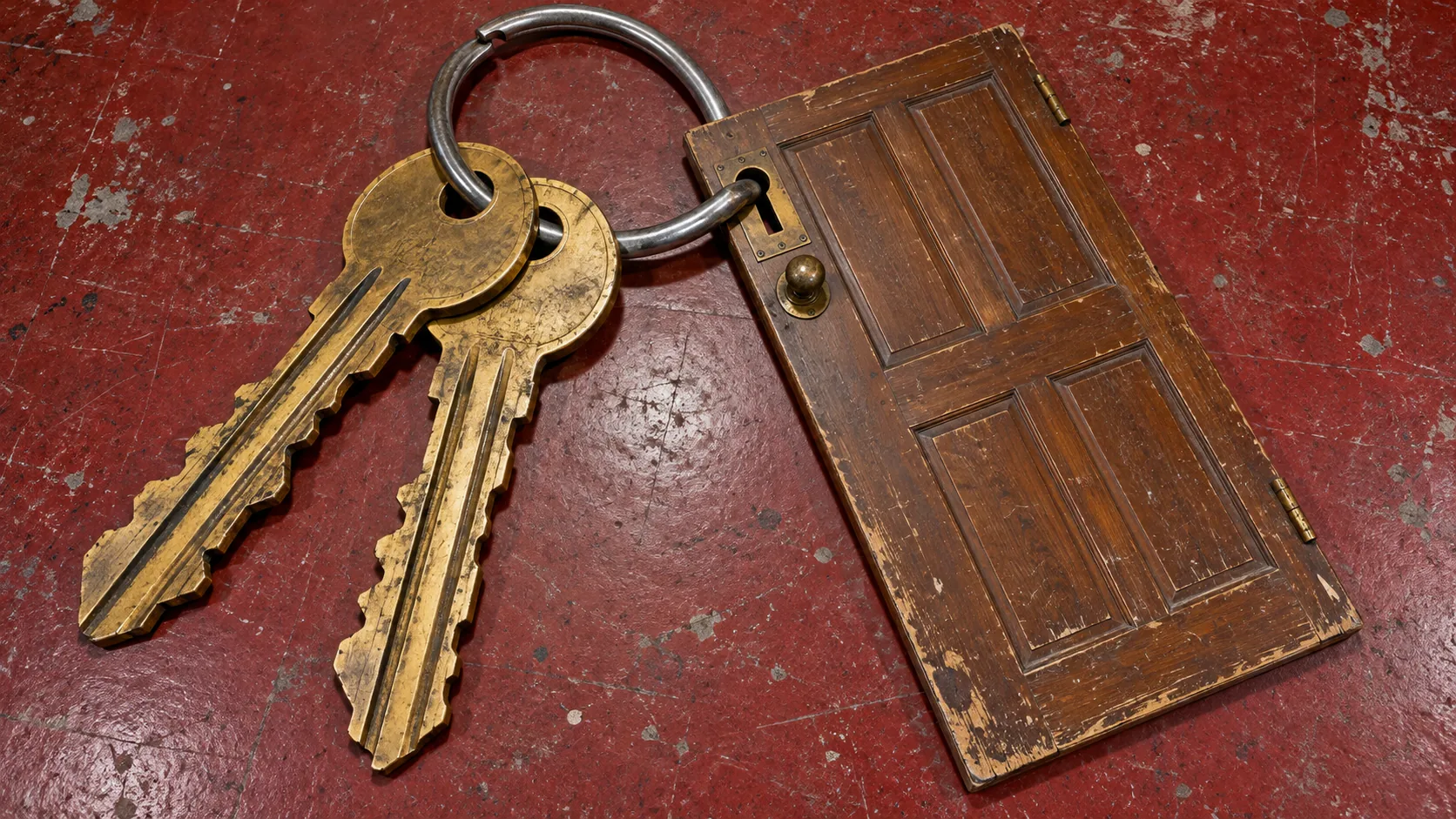 Two brass keys and a full-size panelled wooden door hang from one steel ring on a worn red floor. At least you’ll always know which one it opens.