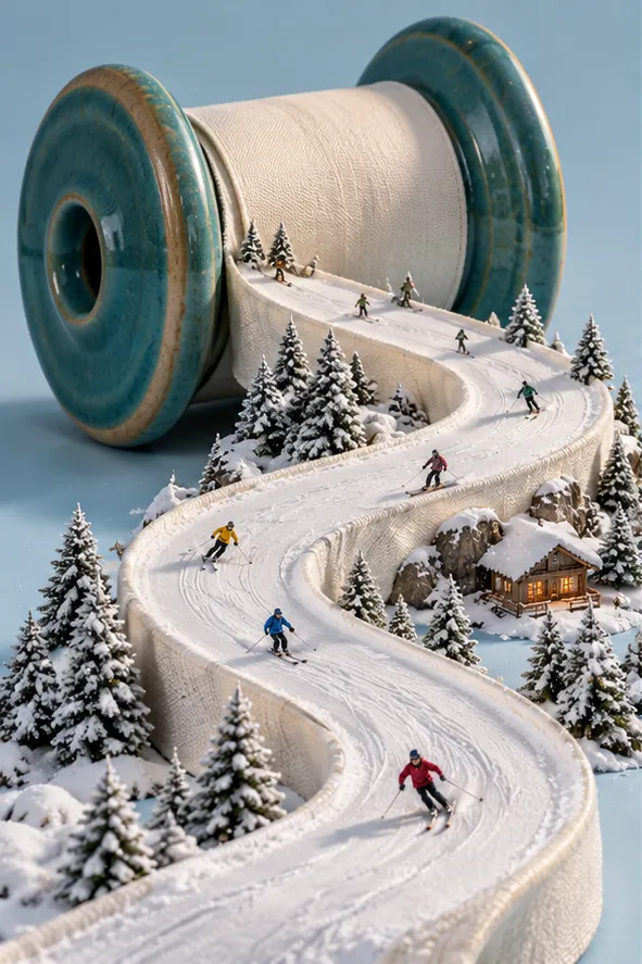 A spool of white thread unrolls into a ski slope through snowy pines, with skiers carving down to a chalet.