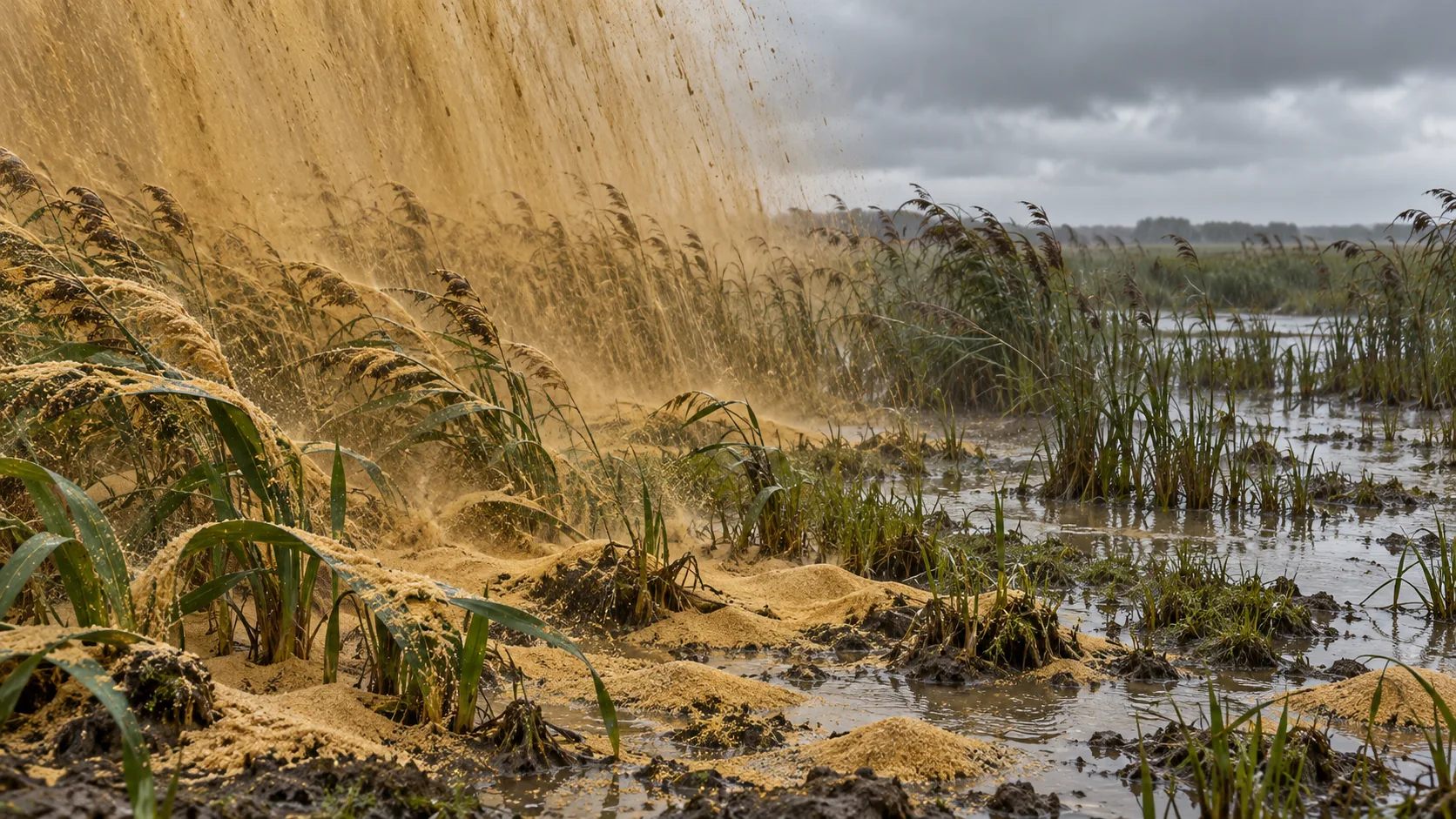 Over a reed marsh, a curtain of falling sand pours down like rain and heaps up in drifts between the green reeds. The marsh is unsure whether to be wet or dry.