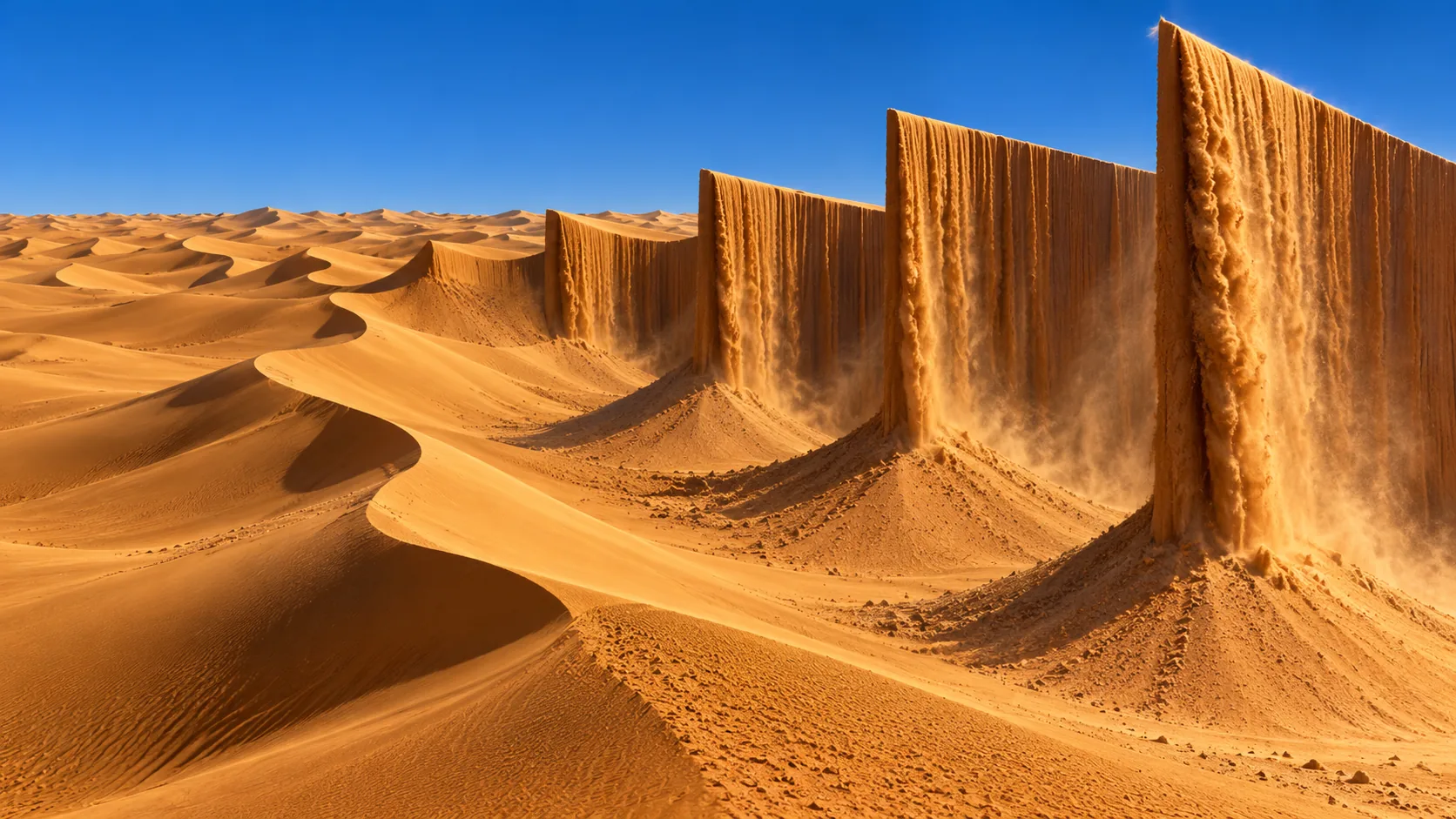 Golden dunes roll away under a blue sky, then rise into a row of sheer vertical walls of sand, pouring at the edges but not falling. Sand is supposed to know better.