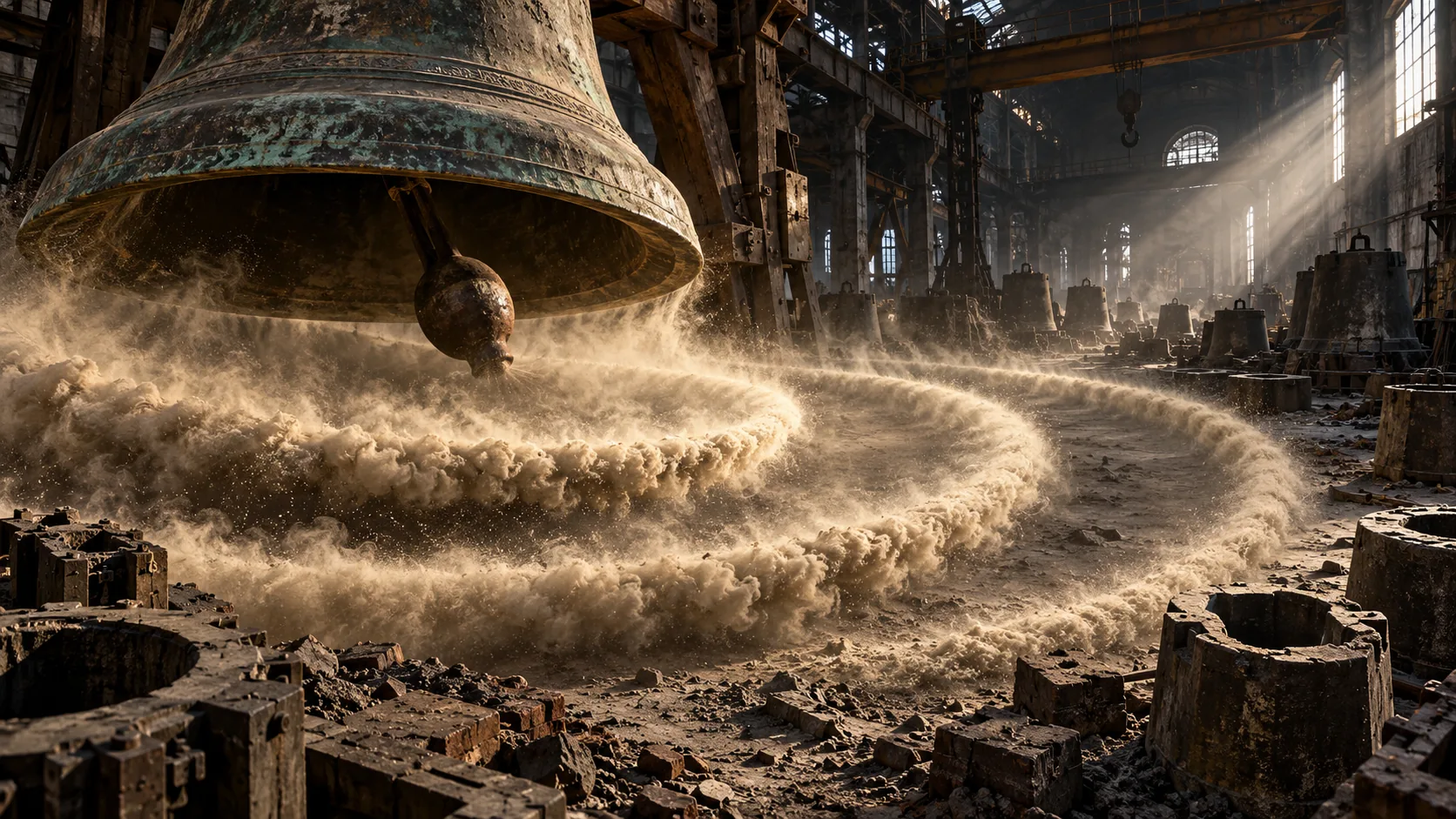 In a derelict bell foundry, a great bronze bell hangs low and the dust on the floor below it spreads out in rings, as if it had just been struck. Nobody has rung it in years.