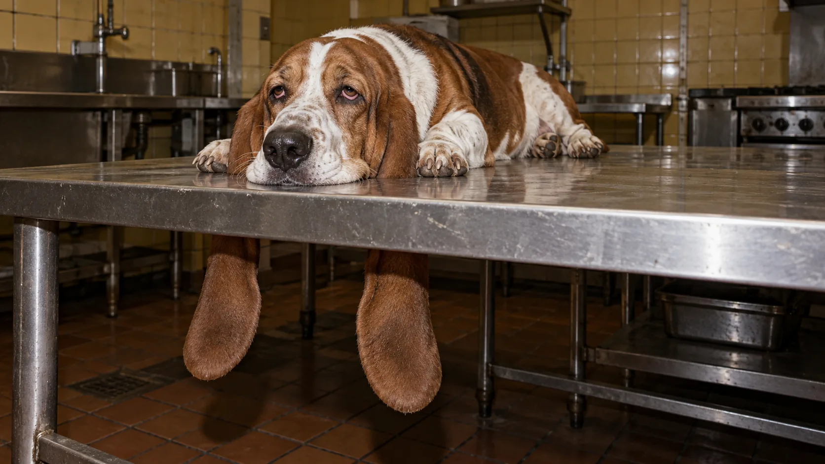 A basset hound rests its head on a steel kitchen counter while its long ears hang straight down through the solid metal and out underneath. The counter has been informed.