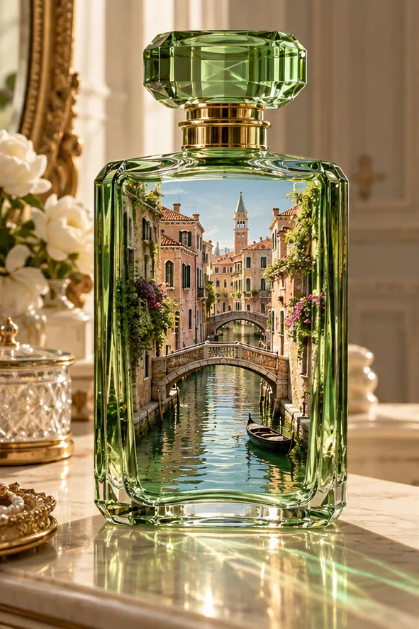 A green glass perfume bottle on a marble dresser holds a whole canal city: bridges, balconies, a bell tower and a gondola.