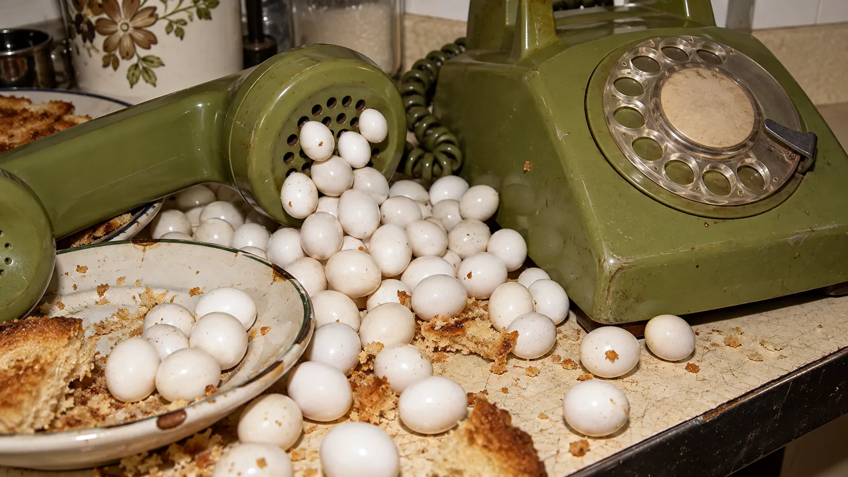 An avocado-green rotary phone off its hook, with dozens of small white eggs pouring out of the receiver onto a crumb-covered counter. Someone called with news.
