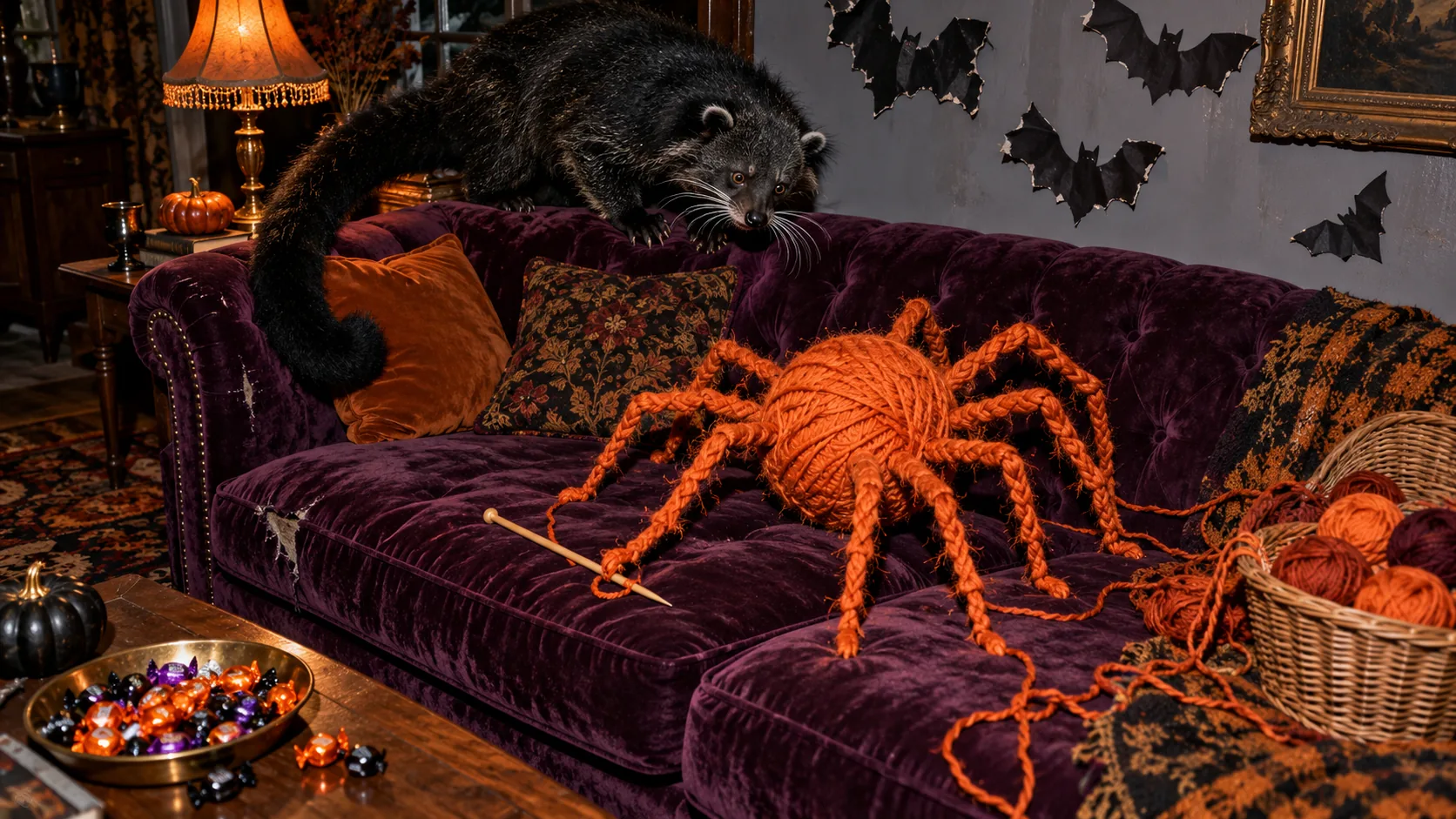 On a purple velvet sofa, a ball of orange wool has grown eight long yarn legs and become a spider, a knitting needle still stuck in it, while a dark furry animal peers down from the cushions. Someone dropped a stitch.