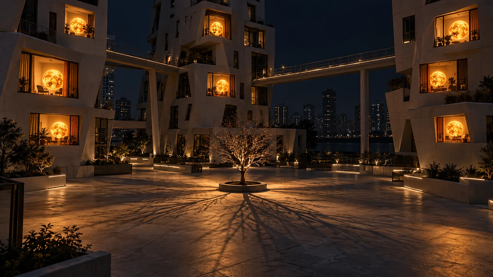 At night, a modern apartment courtyard is lit by small glowing suns, one in each lit window around it. The tree in the middle has shadows going every way.