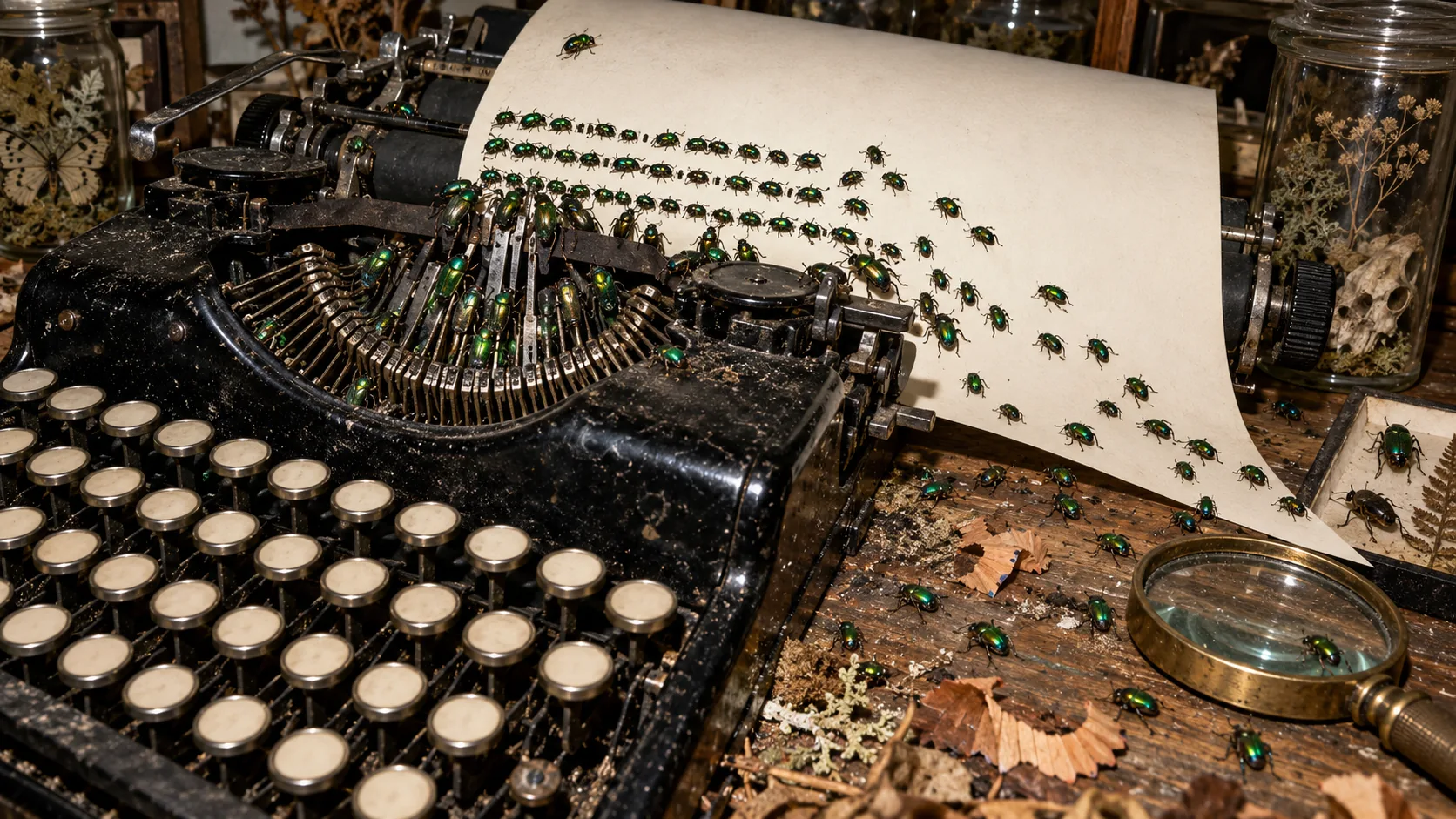 An old black typewriter has a sheet of paper in it covered in neat lines of green beetles instead of letters, some walking off across the desk. Proofreading will be a chase.