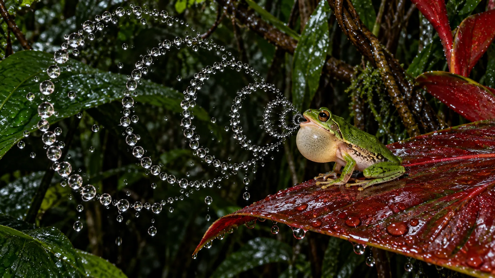 A small green frog on a red leaf puffs out its throat, and its call leaves its mouth as widening rings of dew drops in the air. The rainforest is listening.