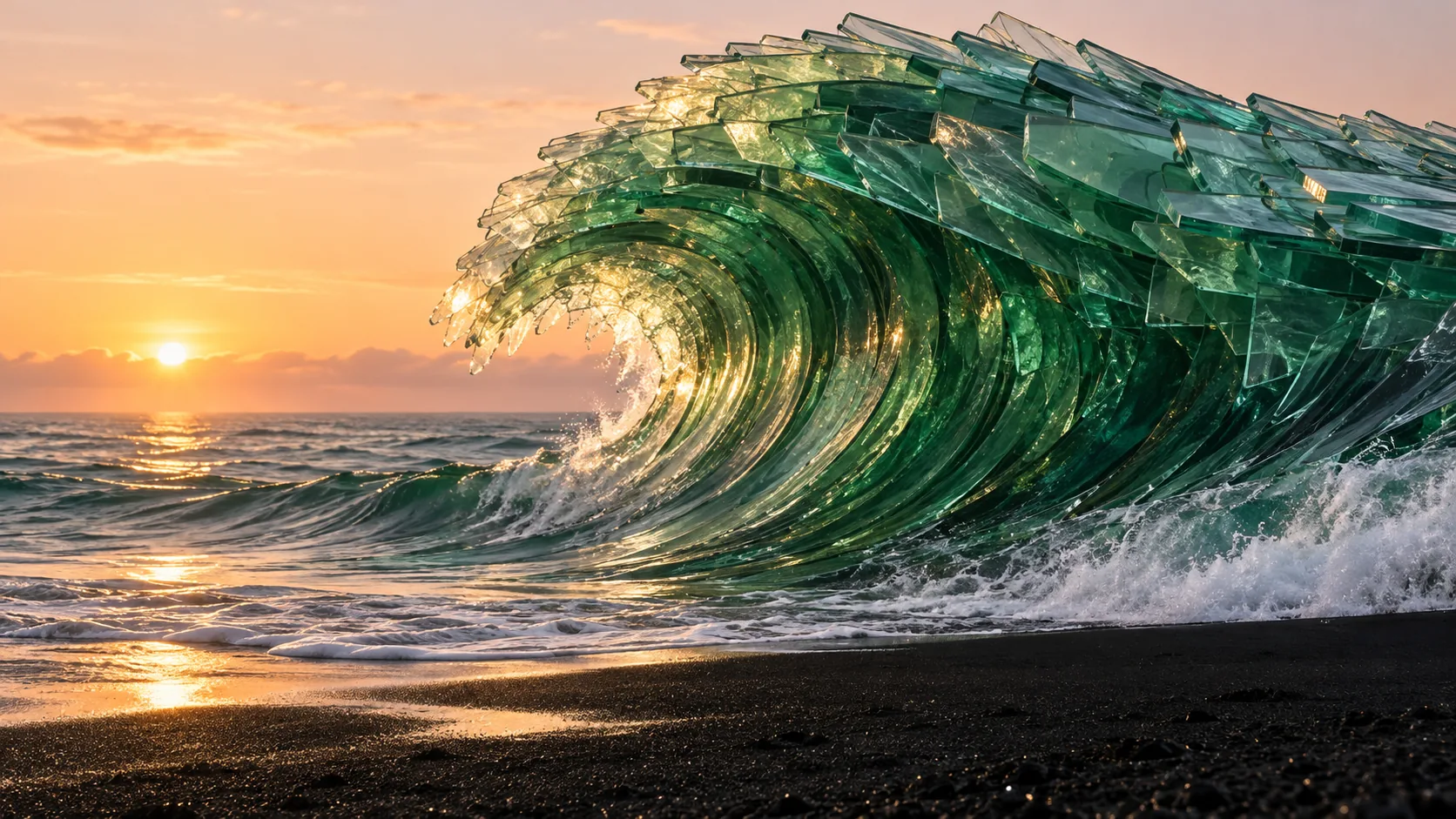 A curling wave made of shards of green glass crashes onto a black-sand beach at sunrise. Paddling is not advised.