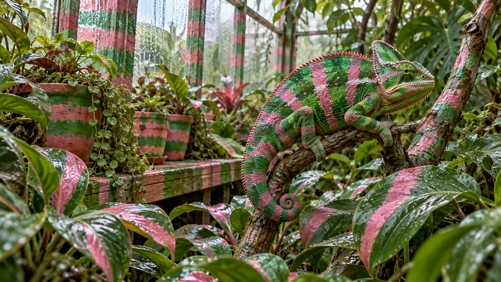 A green-and-pink striped chameleon sits on a branch in a greenhouse where the pots, pillars, benches and leaves are all painted in the same stripes. It did not want to change colour.