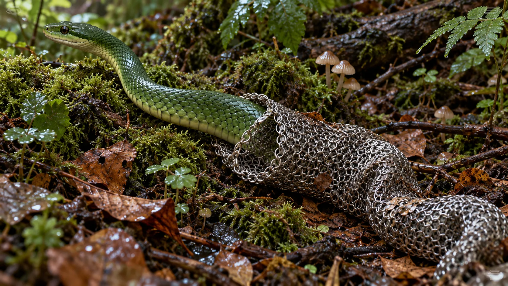 A green snake slides forward through wet leaves and moss, leaving behind a shed skin made of silver chainmail. It was getting heavy.
