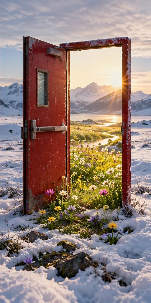 A red fire door stands alone in a snowfield. Through it, the meadow is green and full of flowers.
