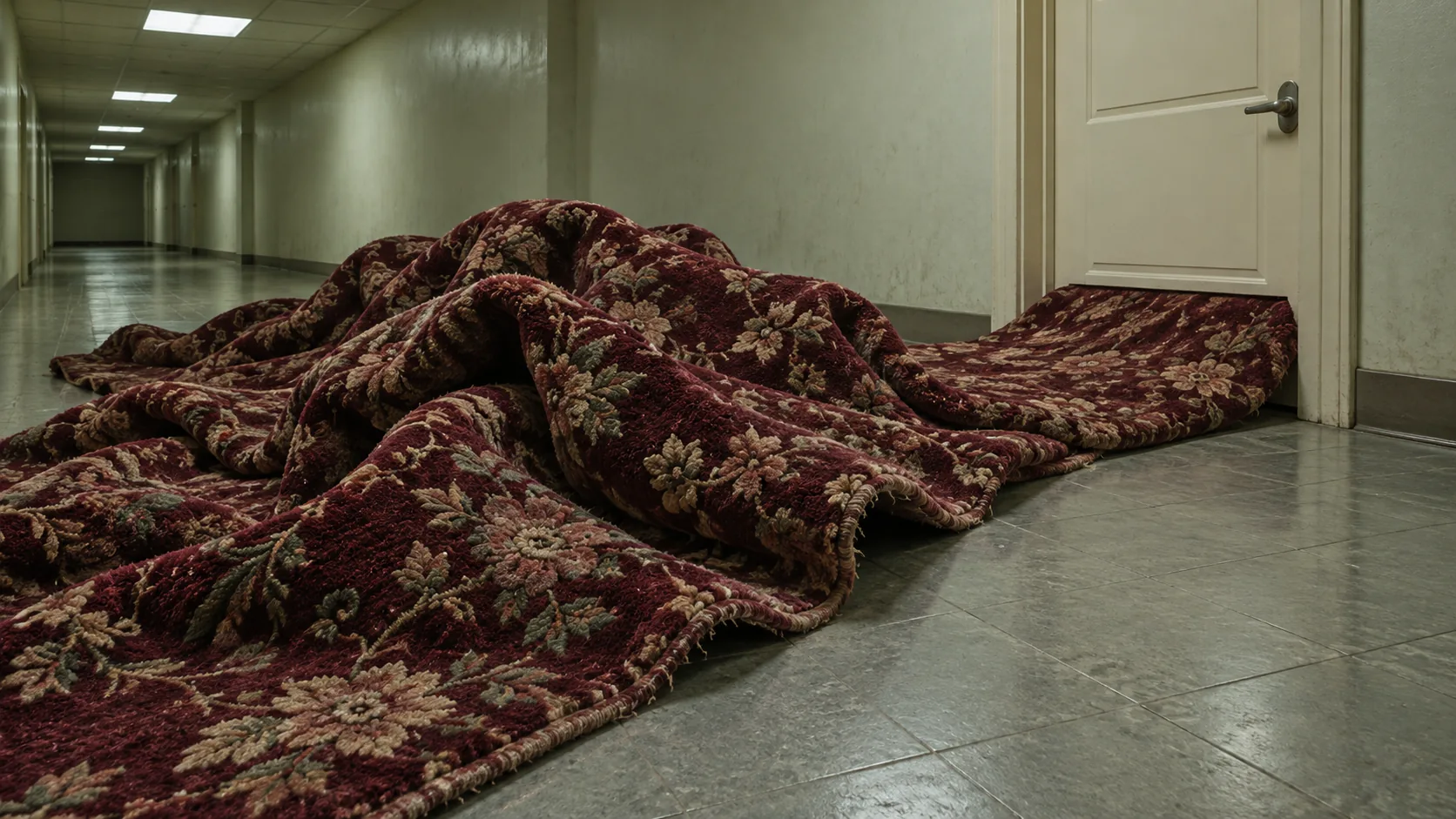 A heap of patterned red hotel carpet spills out from under a closed door into a long tiled corridor, rucked up in folds. There is clearly a lot more of it on the other side.