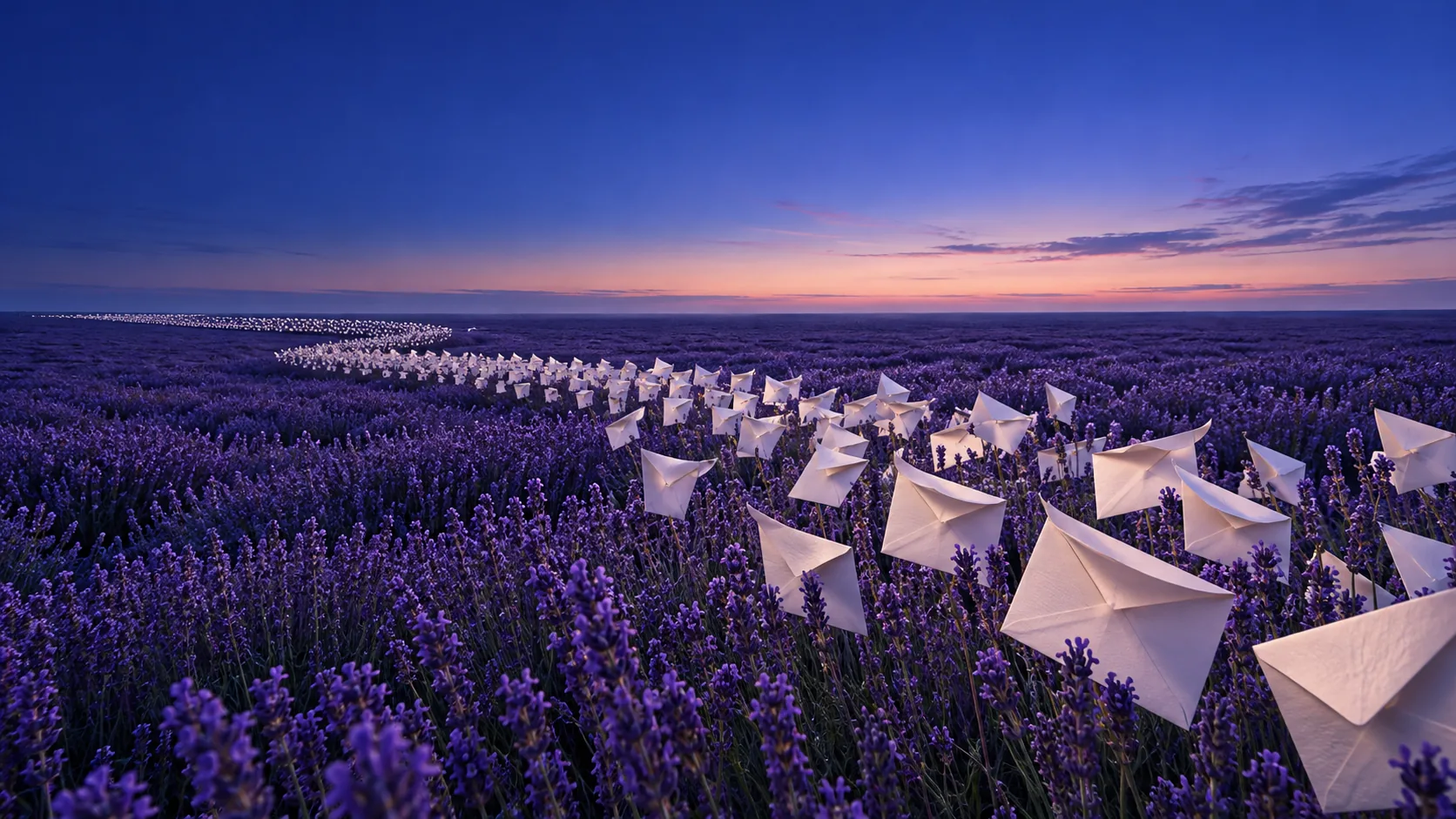 White envelopes grow among endless rows of lavender at twilight, opening like petals all the way to the horizon. Return to sender, eventually.