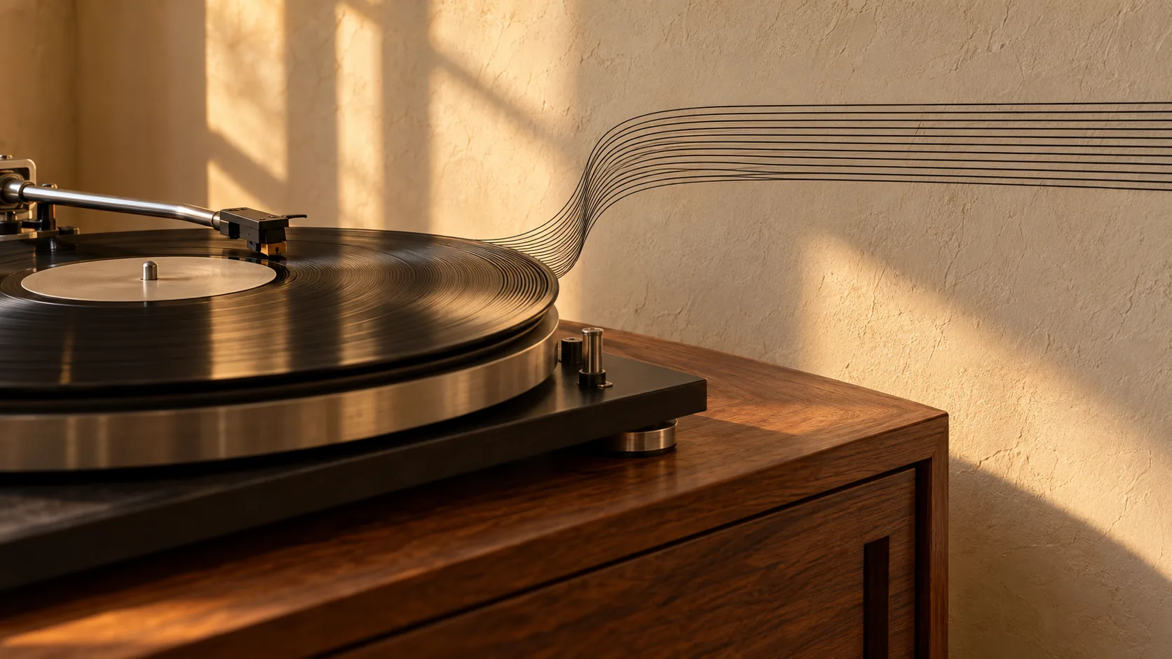 A spinning vinyl record lets its grooves lift off as fine black lines that drift across a sunlit plaster wall. Side B is making a run for it.