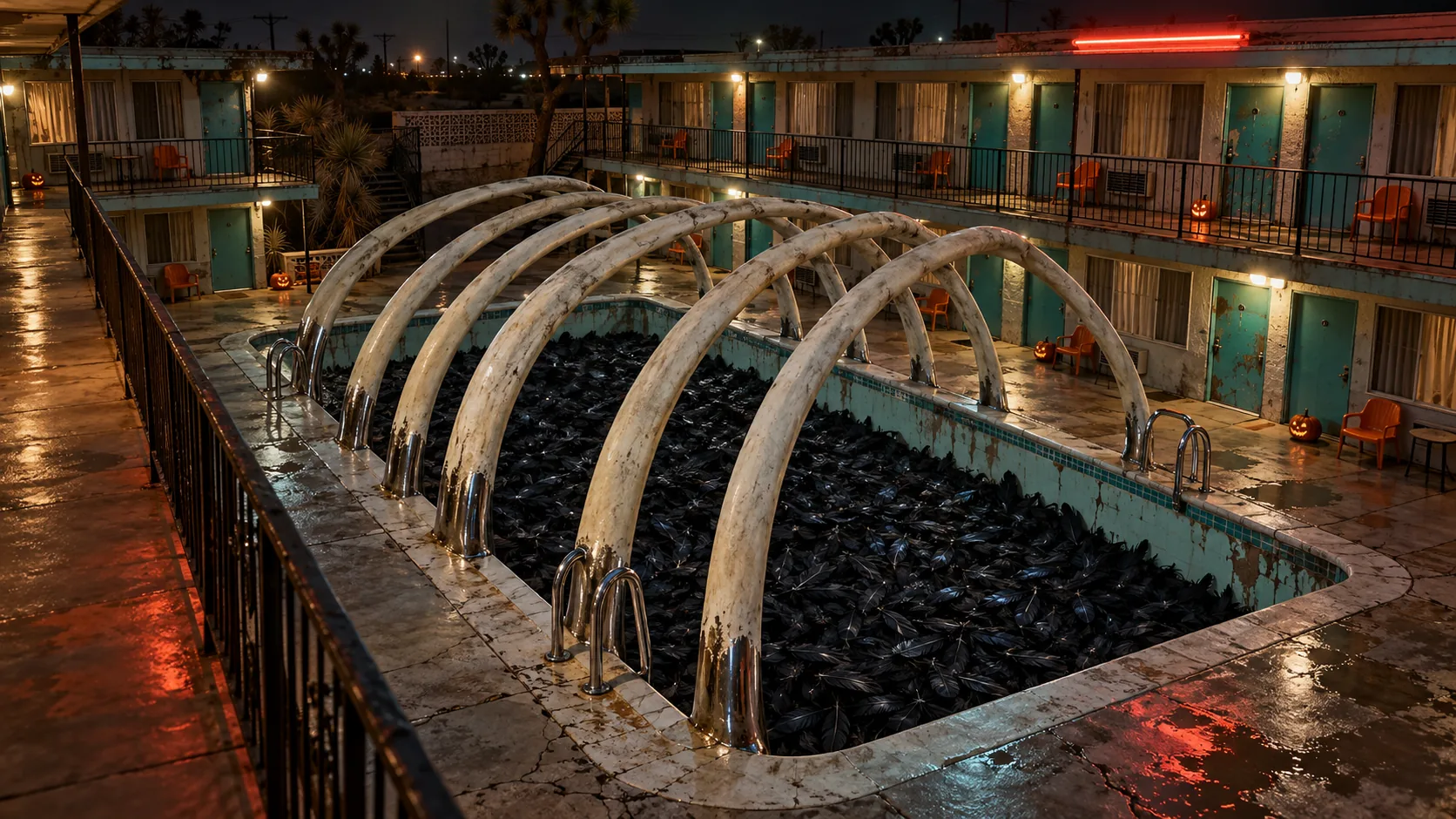 At an old two-storey motel at night, the swimming pool is filled with black feathers and arched over by a giant white ribcage, with lit pumpkins on the balconies. Towels are at the front desk.