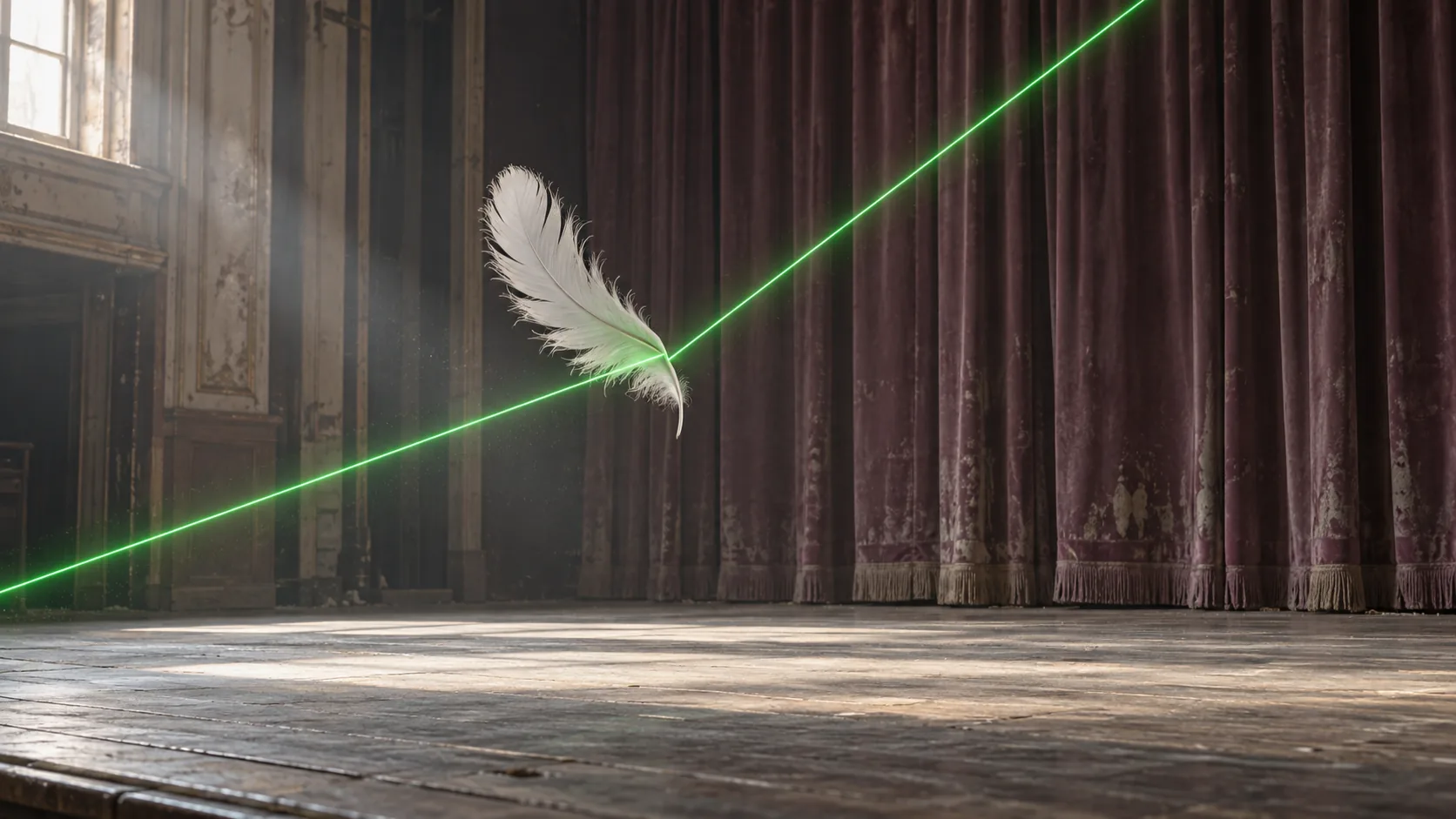 On an empty stage in front of velvet curtains, a white feather drifting in mid-air bends a green laser beam upward. The beam went along with it, politely.