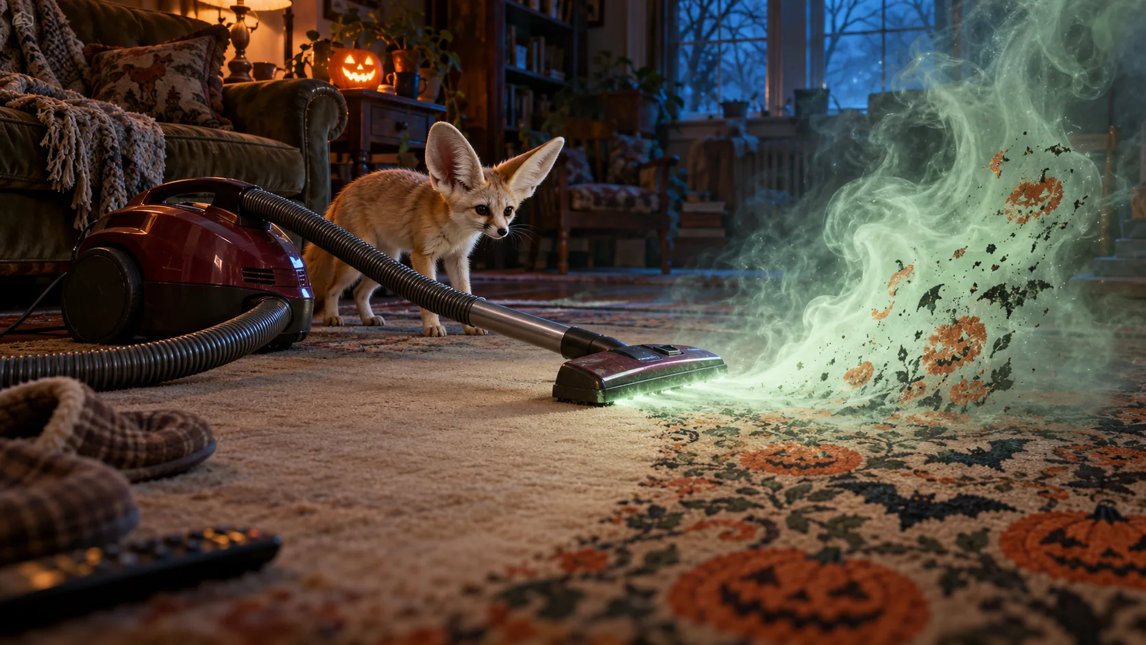 A fennec fox stands by a red vacuum cleaner on a rug patterned with pumpkins and bats, and the nozzle is pulling in a cloud of glowing green fog. The rug was fine before.