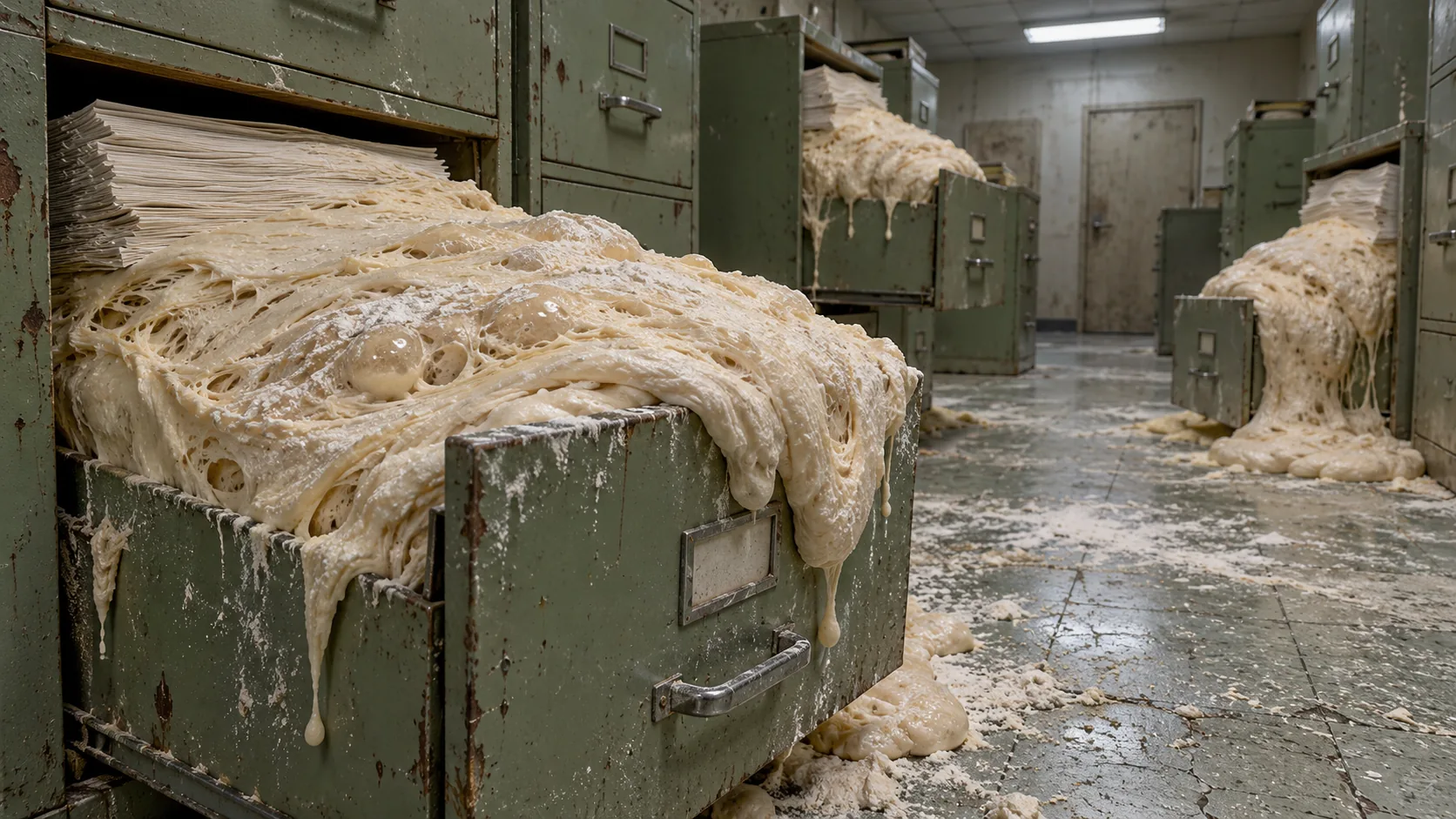 In a dim records room, the paper in old green filing cabinets has risen like dough and bubbles out of the drawers onto the floor. Some of these files were left too long.