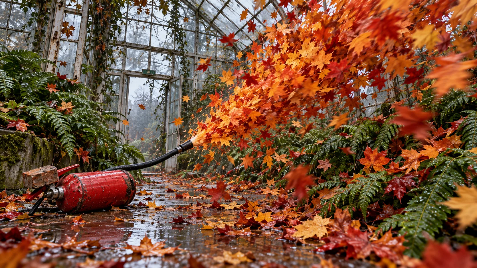 In an overgrown glasshouse, a red fire extinguisher lies on the wet floor blasting a plume of orange and red autumn leaves instead of foam. Nothing was on fire.