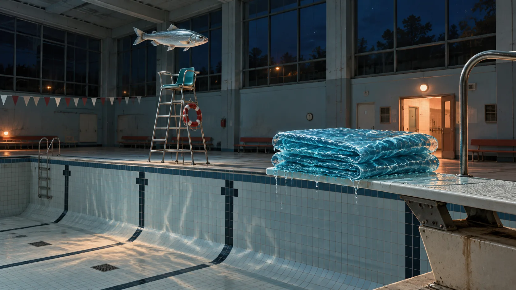 In an empty indoor pool at night, the water sits folded in a neat blue stack on the diving board while a fish floats over the lifeguard chair. Closing time.