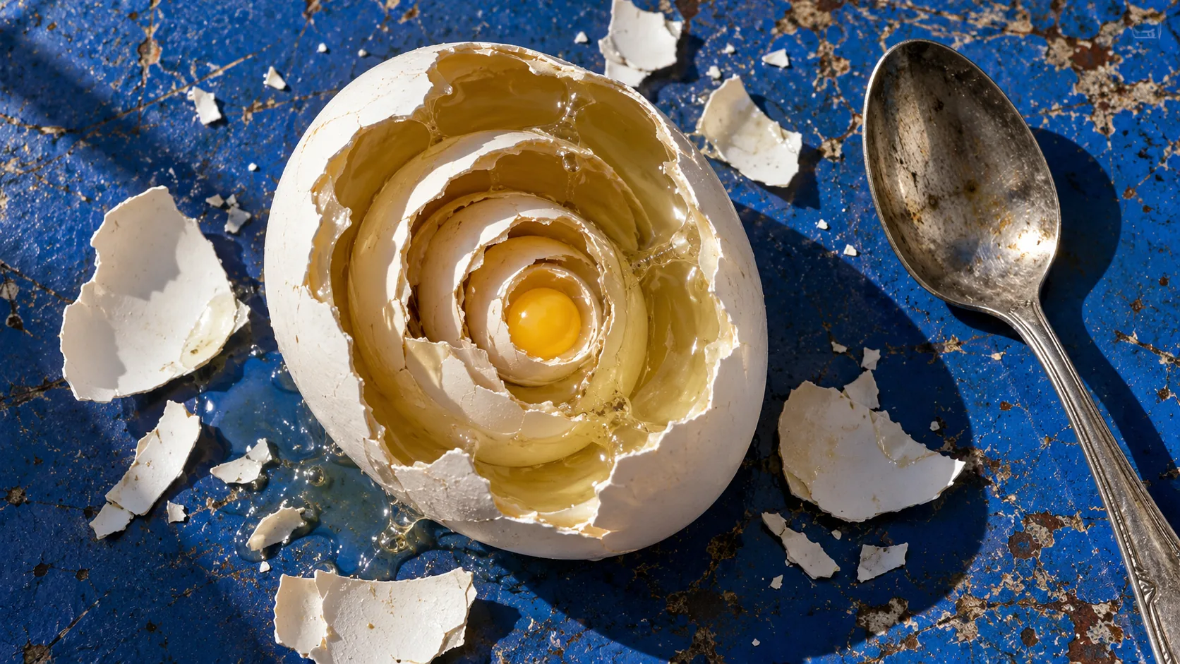 On a chipped blue enamel surface, a cracked egg opens to show more eggs nested inside it, shell within shell, down to one small yolk. The spoon is waiting to see how deep it goes.