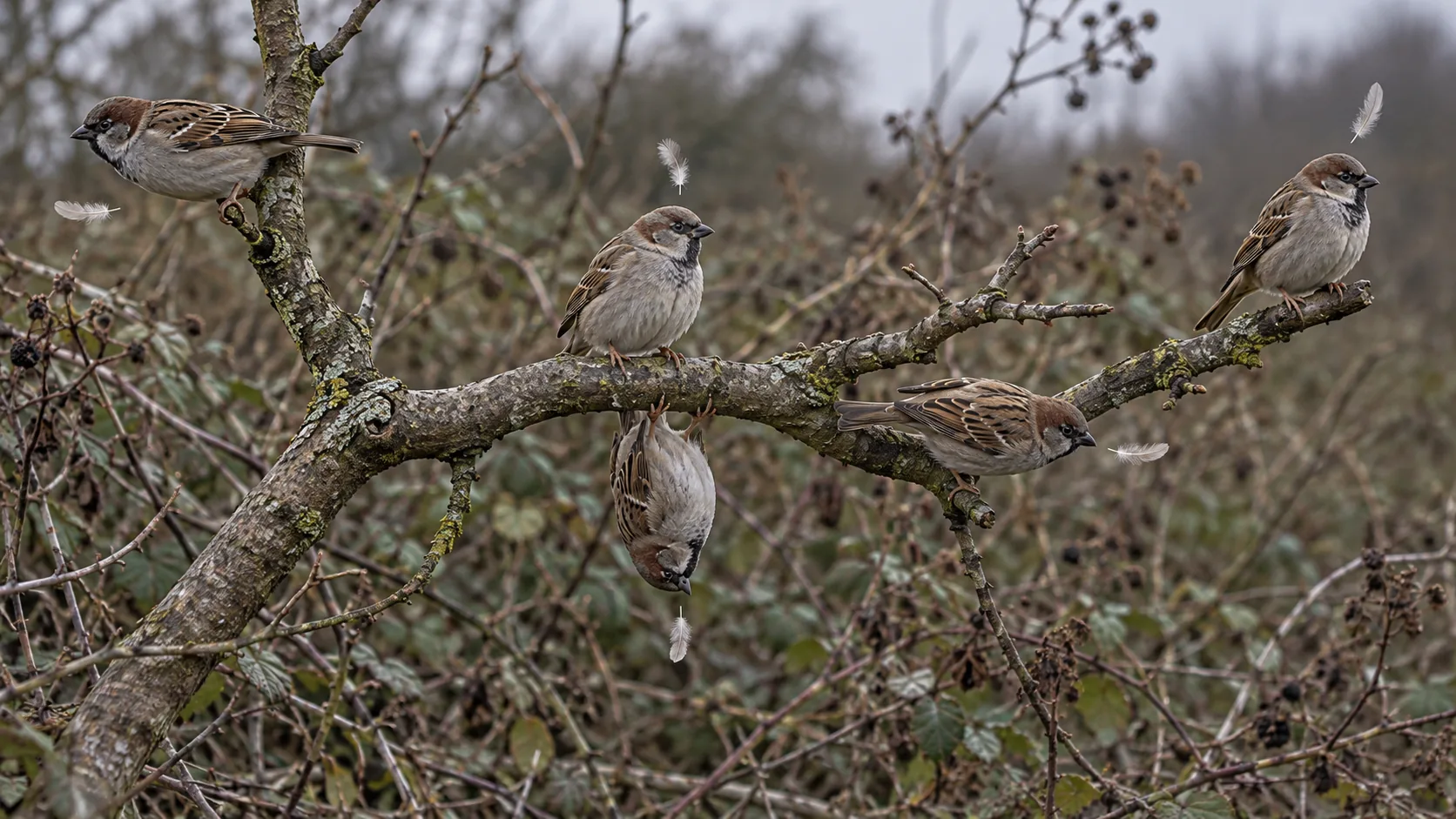 Five sparrows sit on a bare branch, one upright, one sideways, one hanging underneath, each with feathers drifting off in its own direction. They are all sitting down.