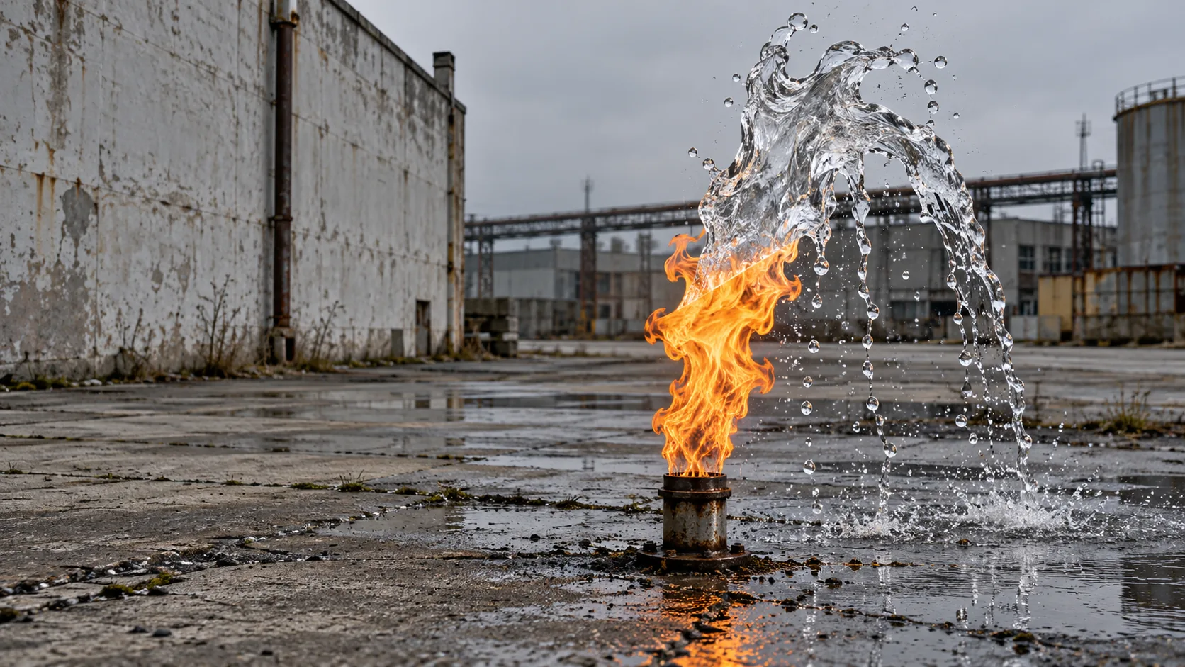 In a wet industrial yard, a flame burns from a pipe in the ground and turns, partway up, into a spout of clear splashing water. It puts itself out on the way down.