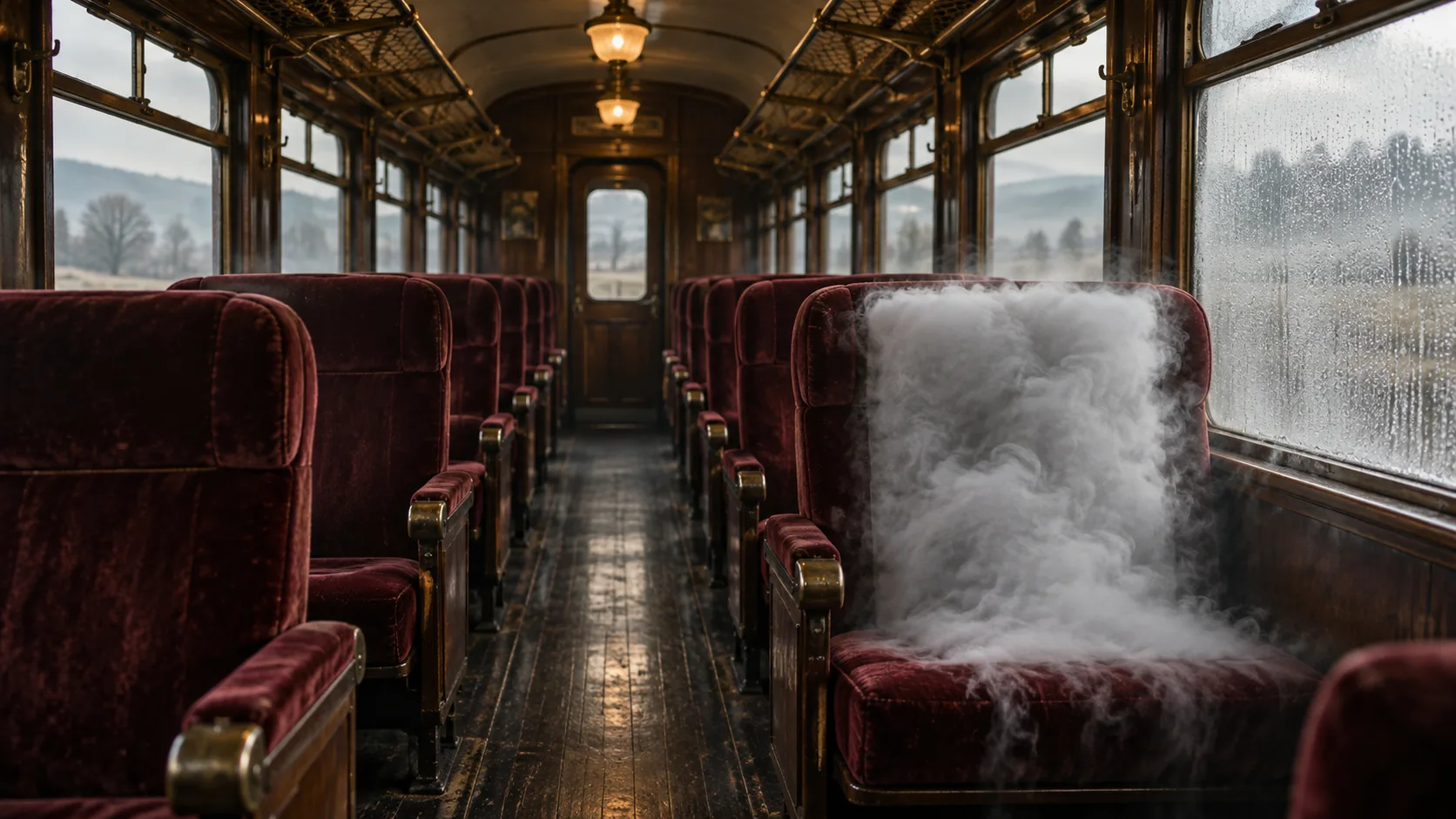 In an empty old railway carriage with red velvet seats, a soft bank of fog sits in one seat by a misted window. It got on two stops ago and hasn't said a word.
