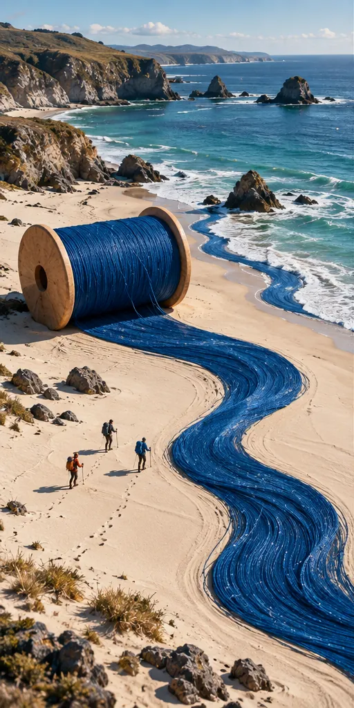 A huge spool of blue thread unwinds down a sandy beach and into the sea, and walkers follow it to the water.