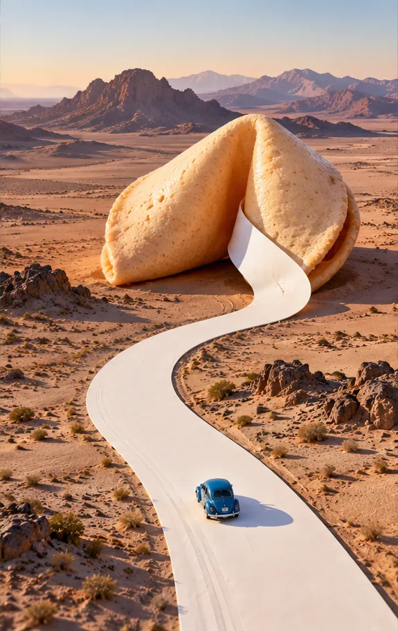 A fortune cookie in the desert unrolls its paper slip as a road, with a small blue car driving out along it.