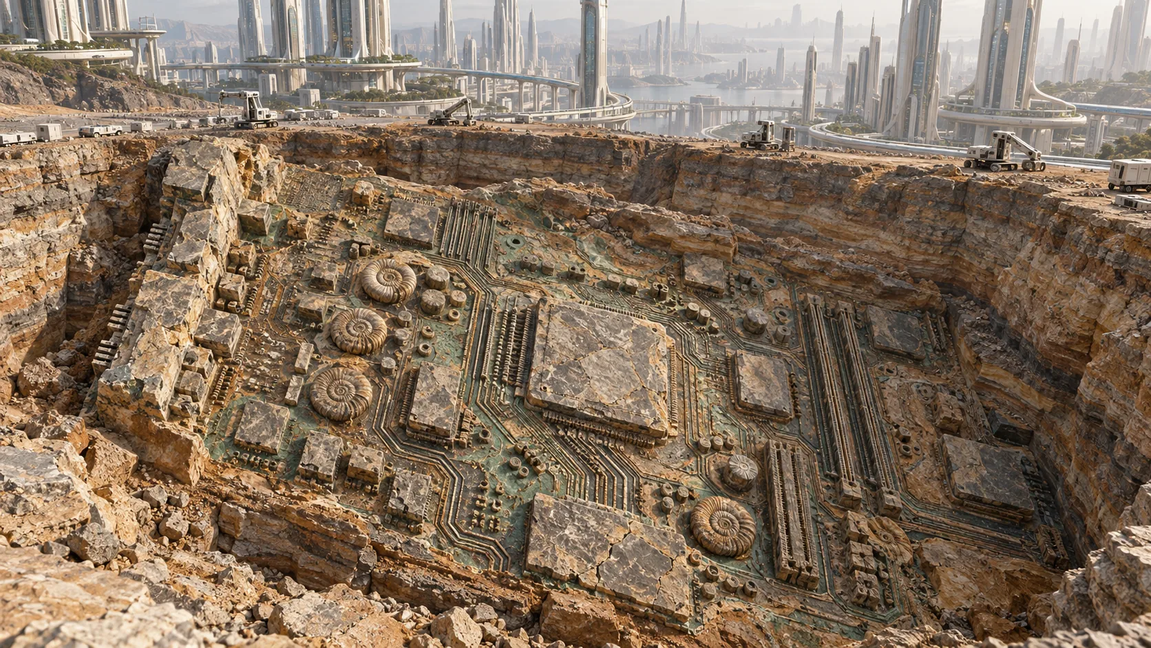 In an excavation pit beside a city of tall towers, the exposed rock is one huge fossilised circuit board, with ammonites set among the chips. Someone was here first.