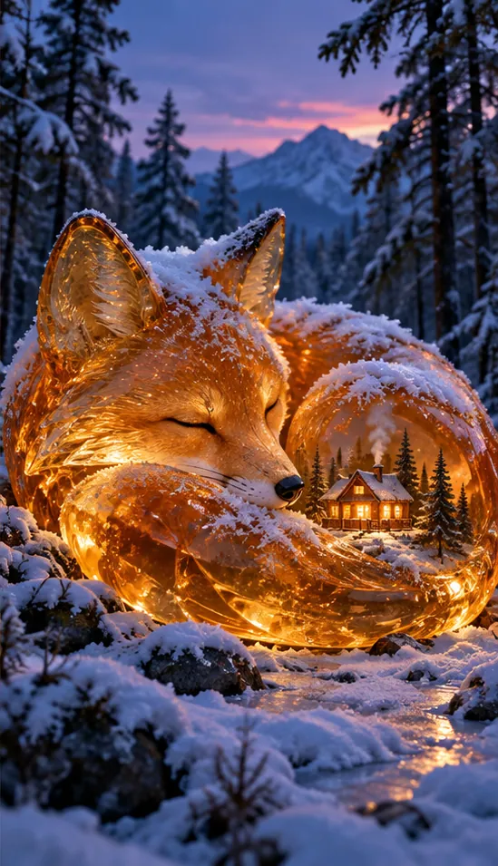A glowing amber glass fox sleeps in the snow, with a lit cabin and pine trees inside its curled body.