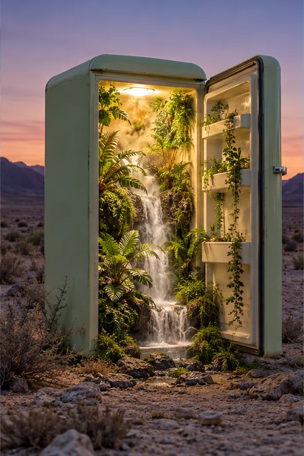 An open mint-green fridge in the desert holds a jungle and a waterfall instead of leftovers. The light still comes on.