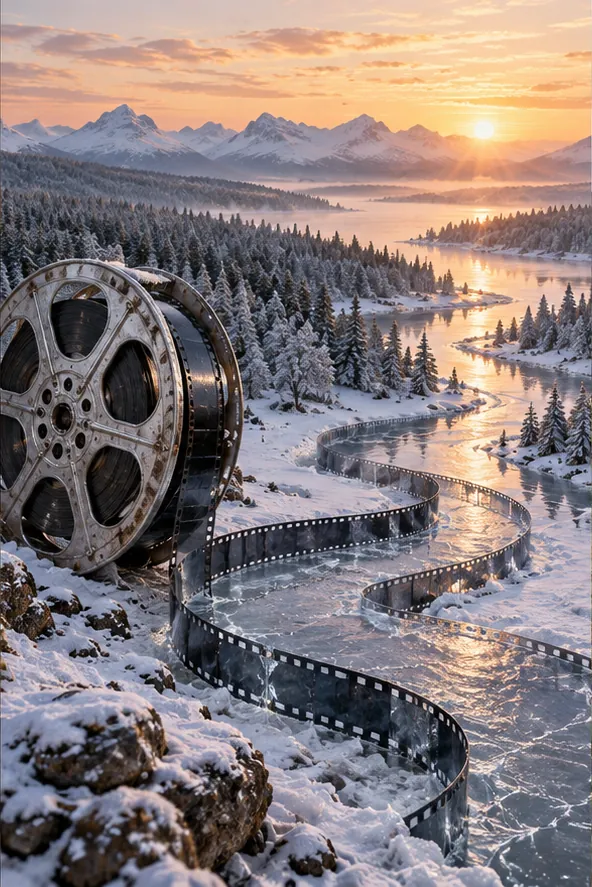 A film reel in the snow unspools into a frozen river winding toward the mountains at sunset.
