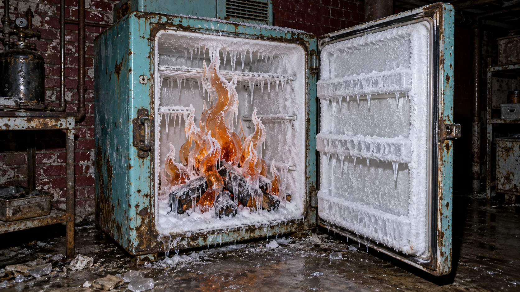 In a derelict brick room, a rusted old freezer stands open on a campfire frozen solid inside it, flames and logs furred with frost and icicles. It kept something, just not food.