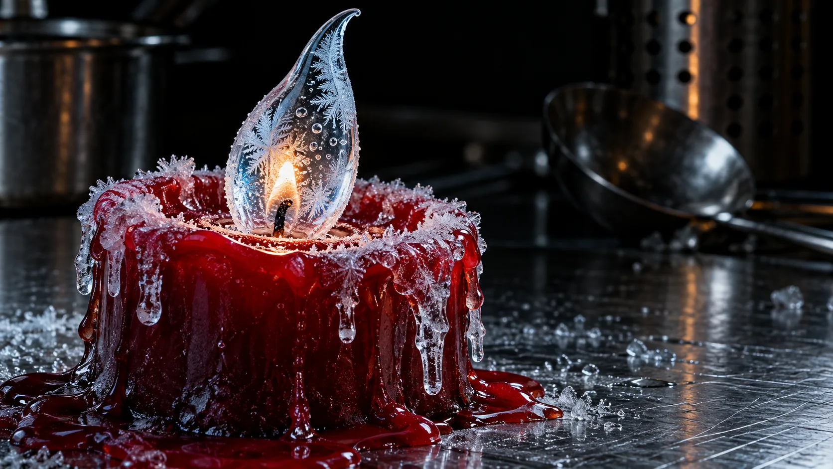 A red candle on a steel kitchen counter burns with a flame made of frosted ice, and the drips of wax down its side have turned to icicles. There is still a small warm glow at the wick.