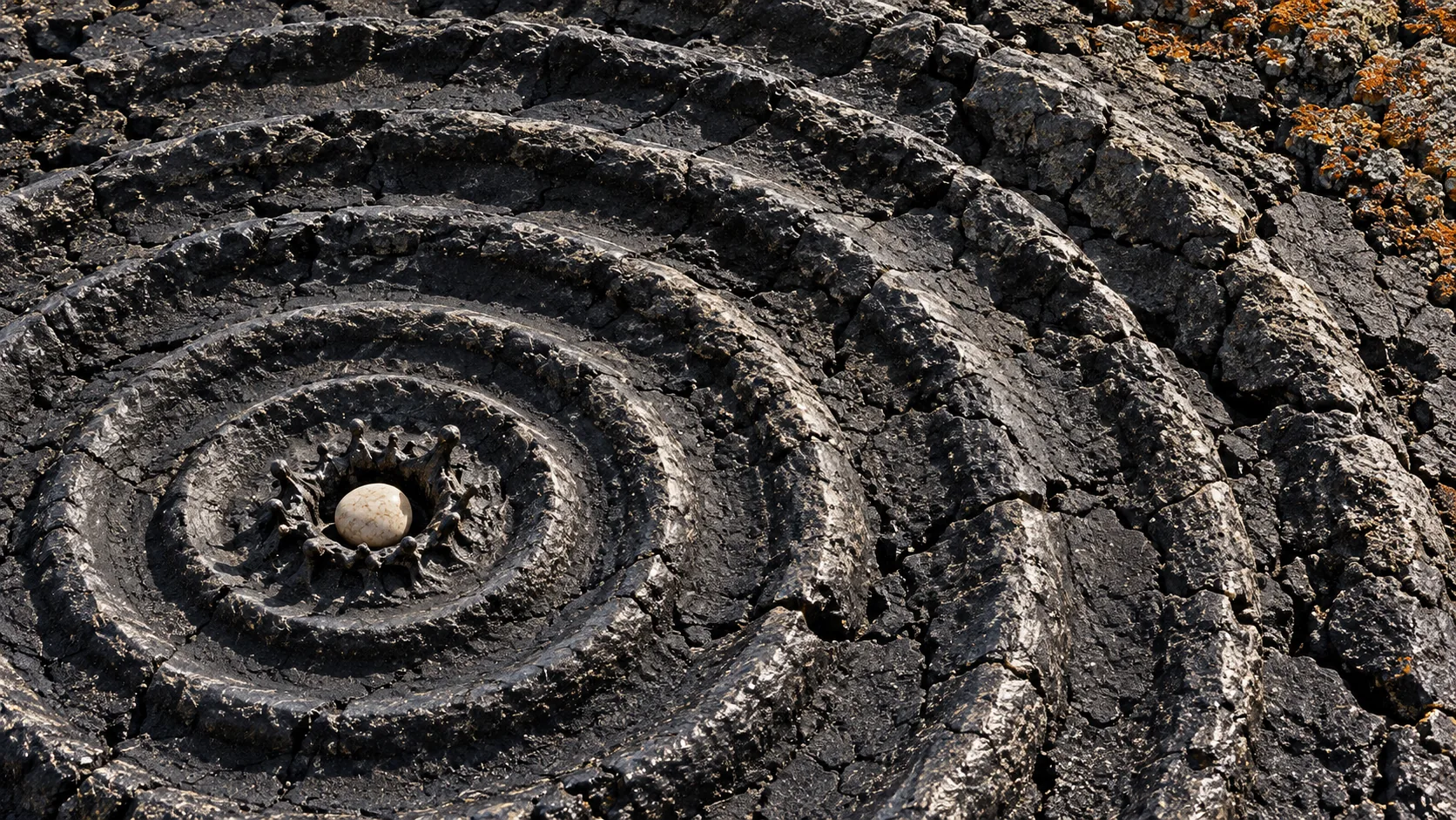 A small white pebble sits at the centre of concentric rings in black volcanic rock, like a splash in a pond that hardened mid-ripple. The stone is still waiting to land.