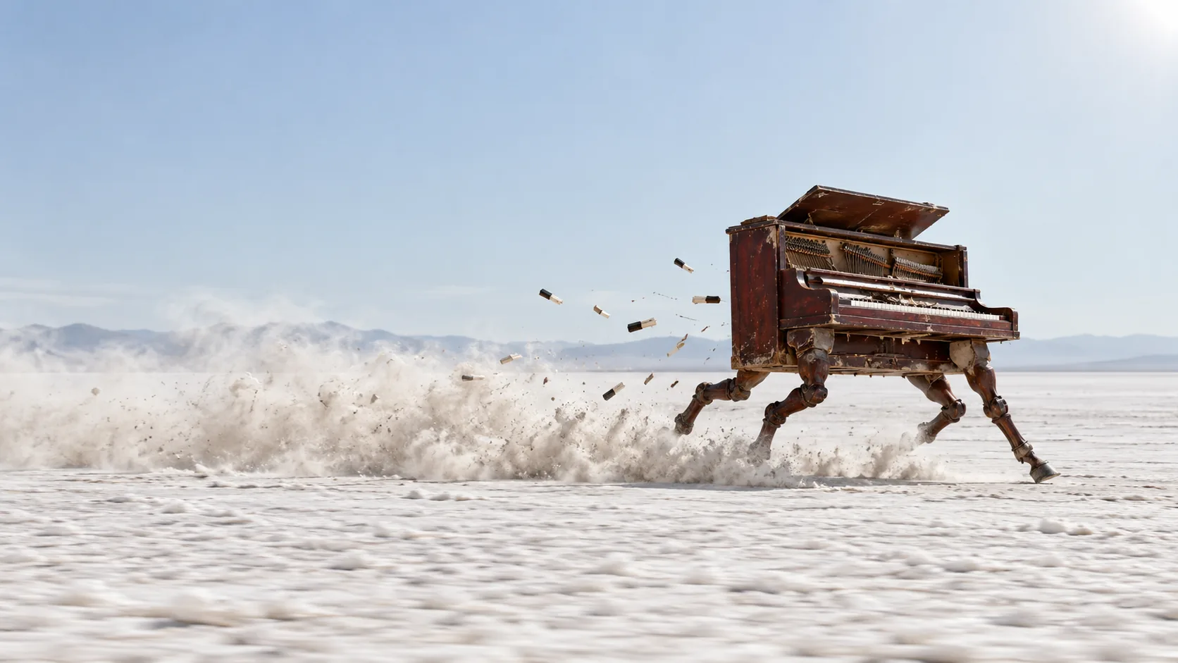 An old upright piano gallops across a white salt flat on four wooden legs, kicking up dust and shedding keys. It is leaving, and nobody is following.