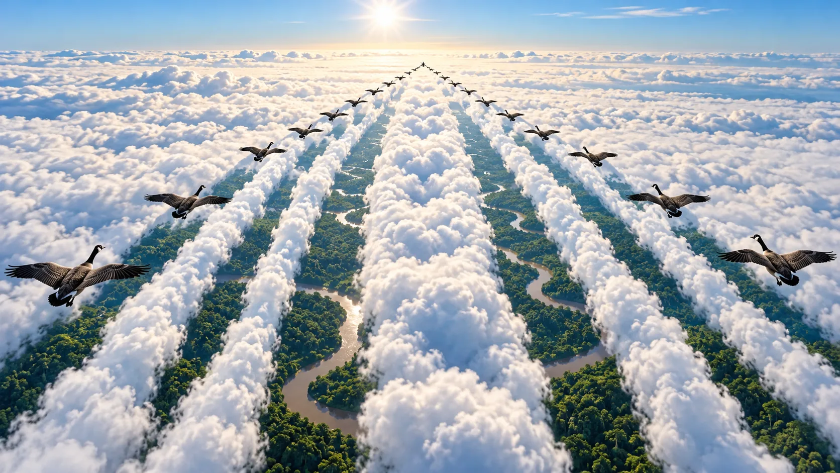 Seen from above the clouds, a V of geese has cut long parallel trenches through the cloud deck, with green forest and a river showing down each one. Planting is next spring.