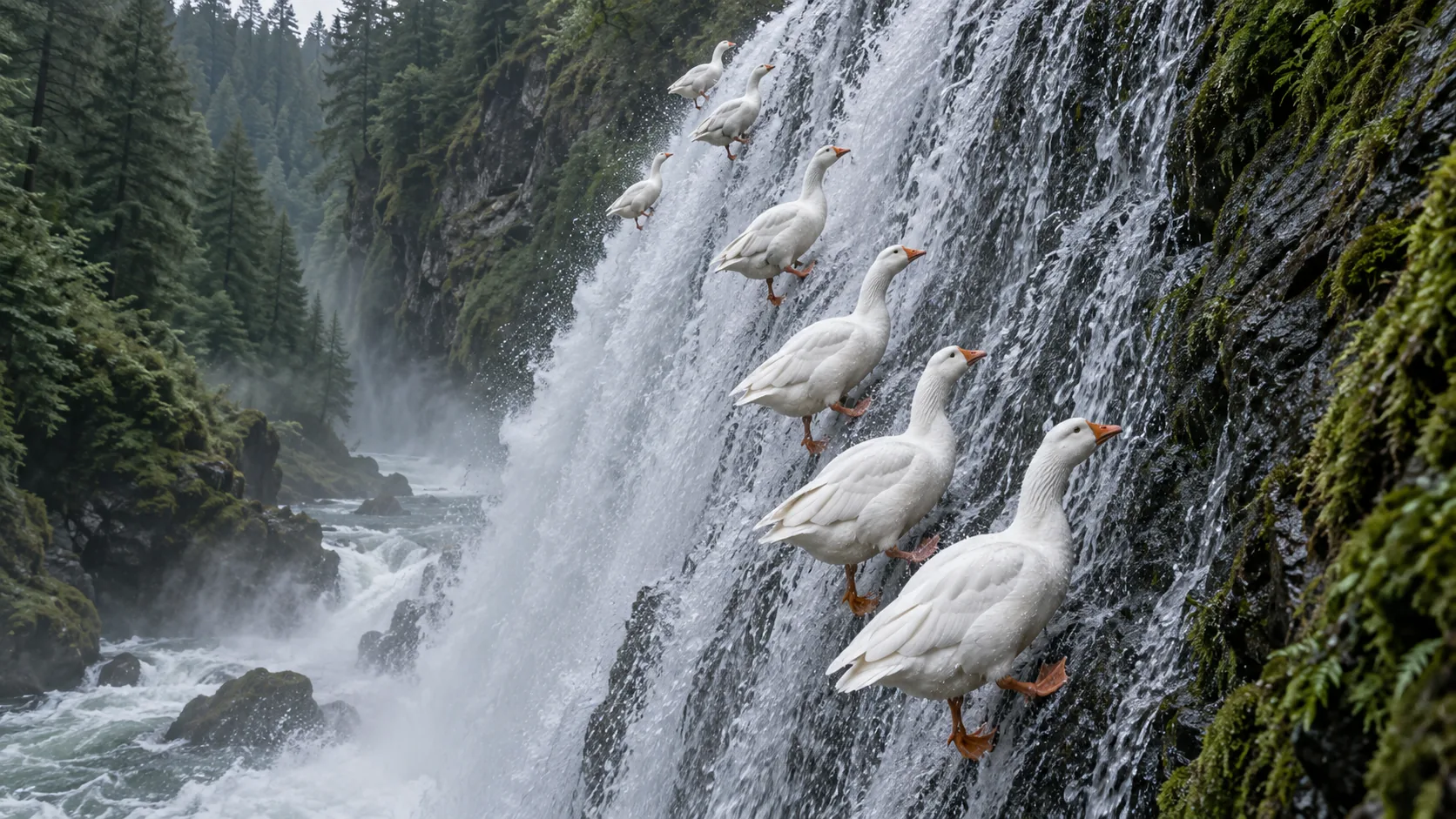 A line of white geese walks calmly up the face of a roaring waterfall in a misty pine gorge. They are not in a hurry, and the water has stopped arguing.