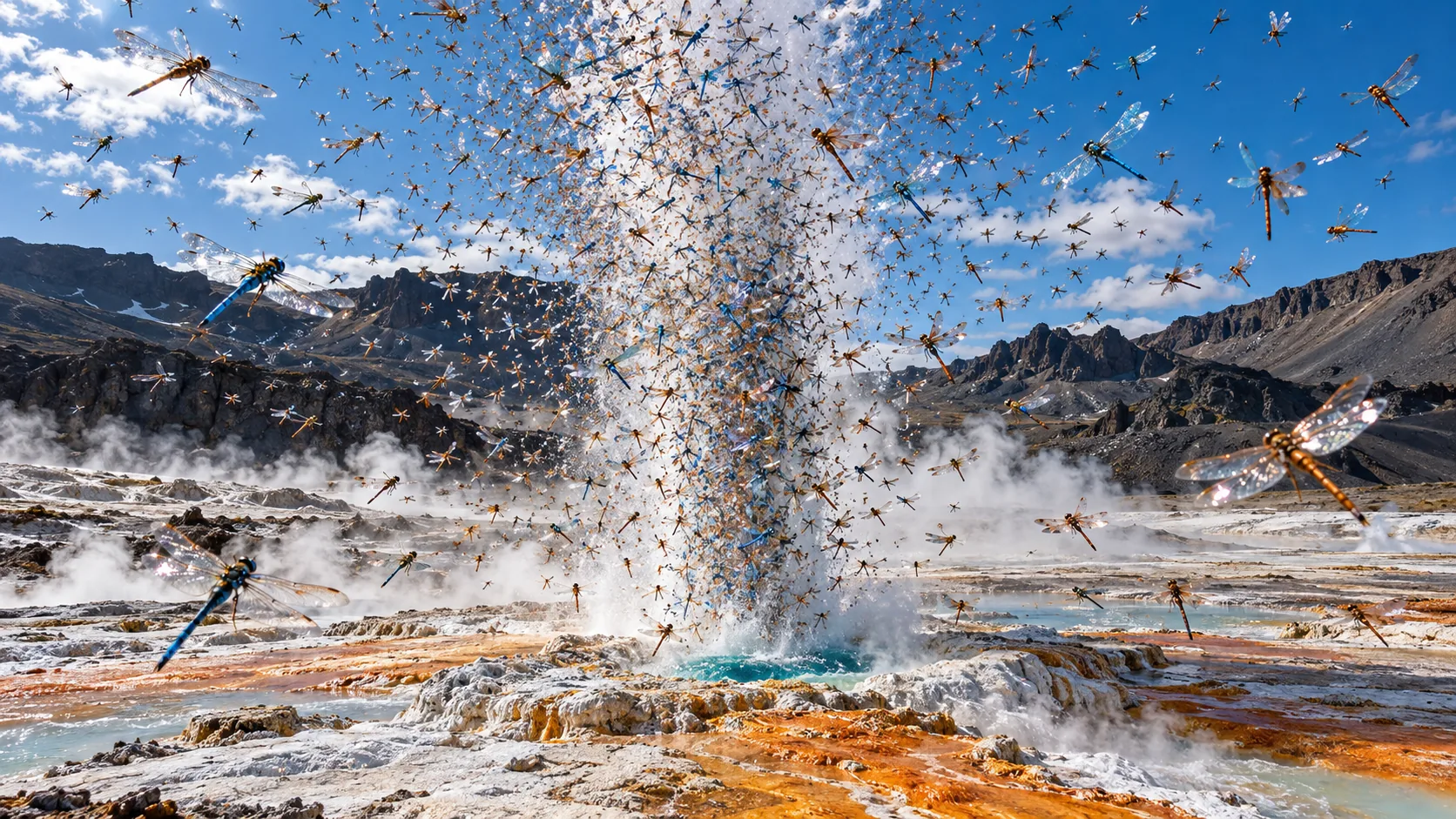 In a steaming geyser basin, a geyser blasts a tall column of dragonflies into the sky instead of water. The basin seems to think this is normal.